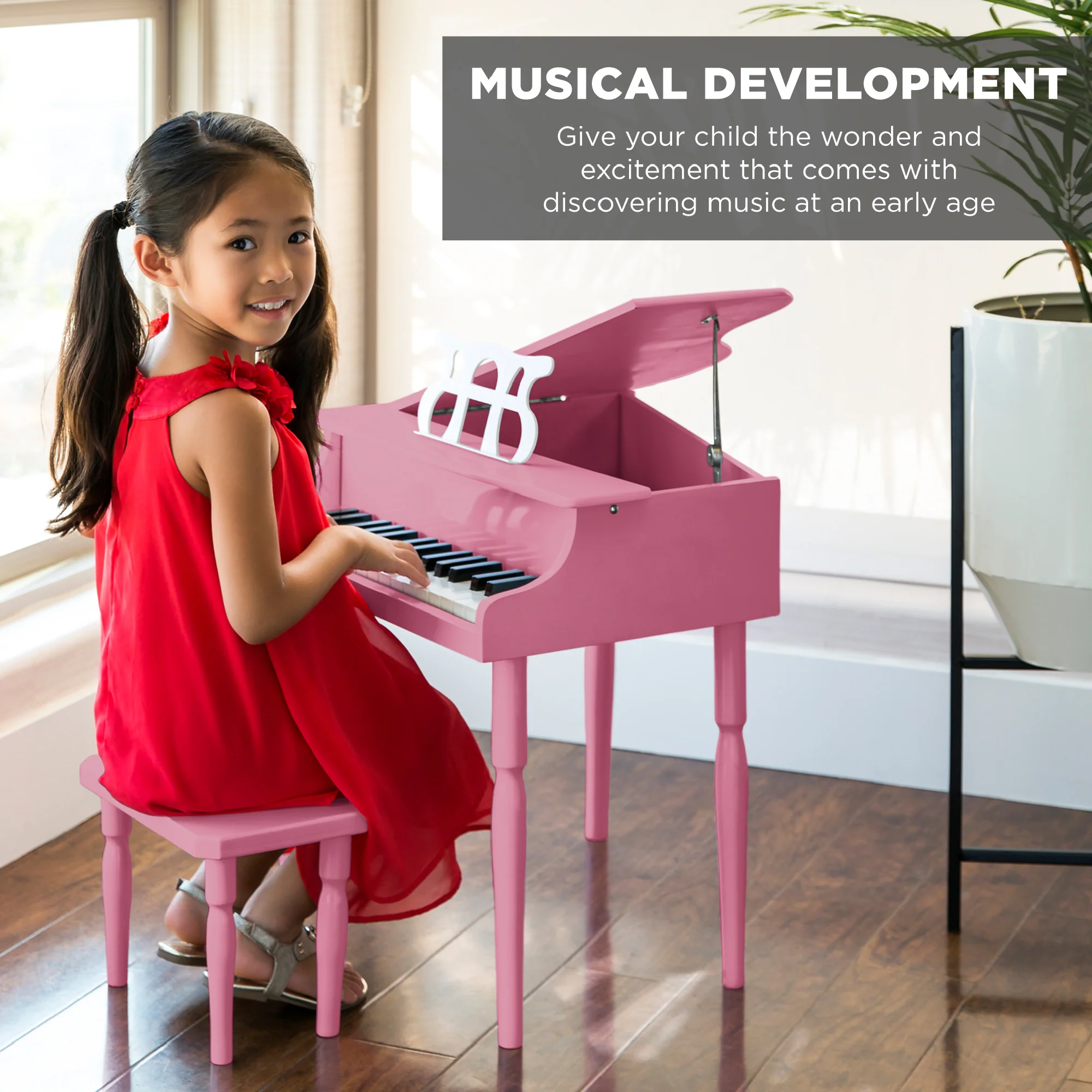 Kids Mini Wooden Grand Piano w/ Lid, Bench, Music Rack, Song Book, Stickers - Image 3