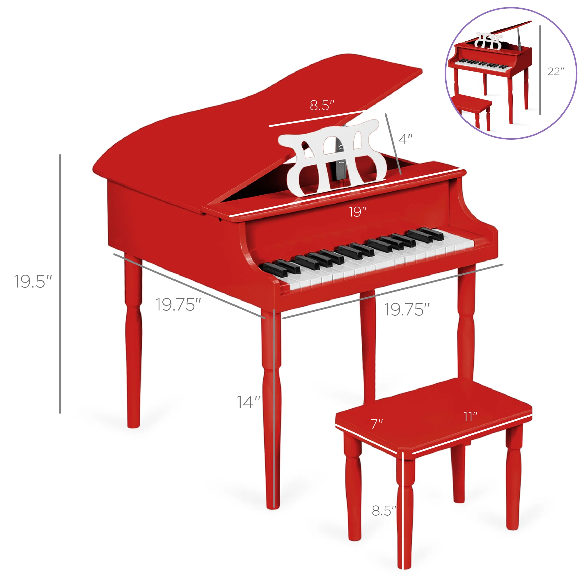 Kids Mini Wooden Grand Piano w/ Lid, Bench, Music Rack, Song Book, Stickers - Image 30