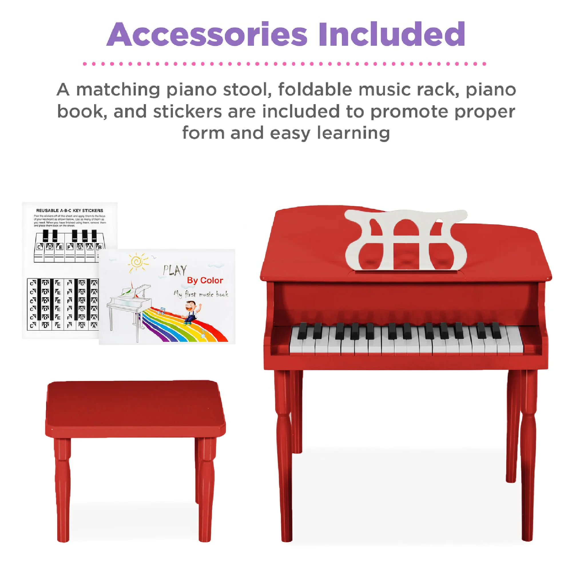 Kids Mini Wooden Grand Piano w/ Lid, Bench, Music Rack, Song Book, Stickers - Image 33