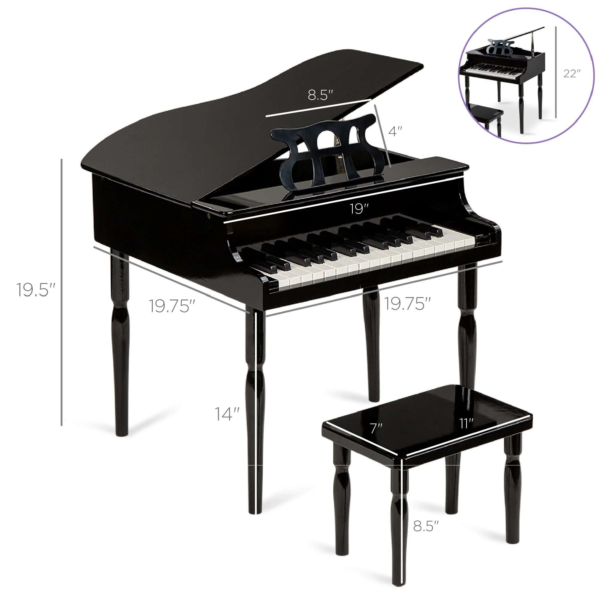 Kids Mini Wooden Grand Piano w/ Lid, Bench, Music Rack, Song Book, Stickers - Image 37
