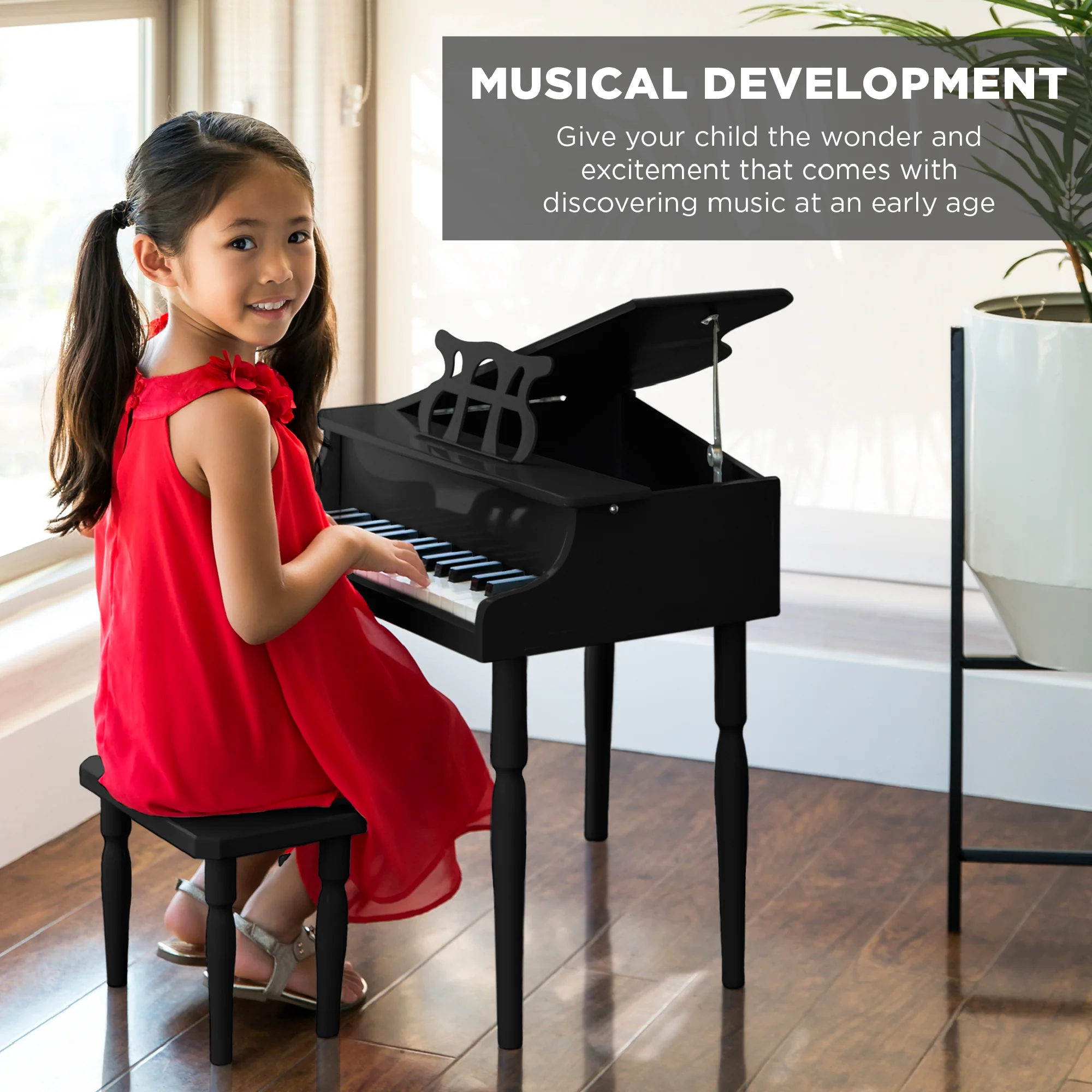 Kids Mini Wooden Grand Piano w/ Lid, Bench, Music Rack, Song Book, Stickers - Image 38