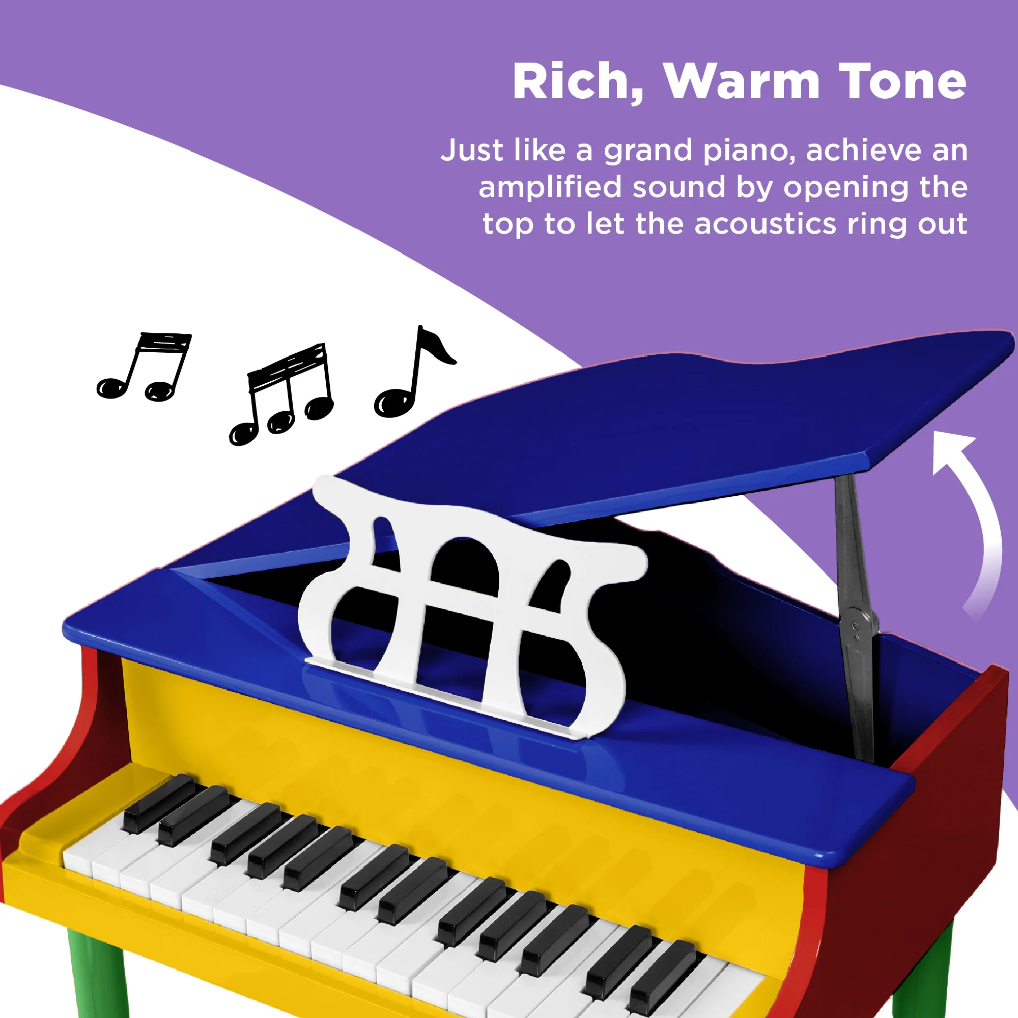 Kids Mini Wooden Grand Piano w/ Lid, Bench, Music Rack, Song Book, Stickers - Image 4