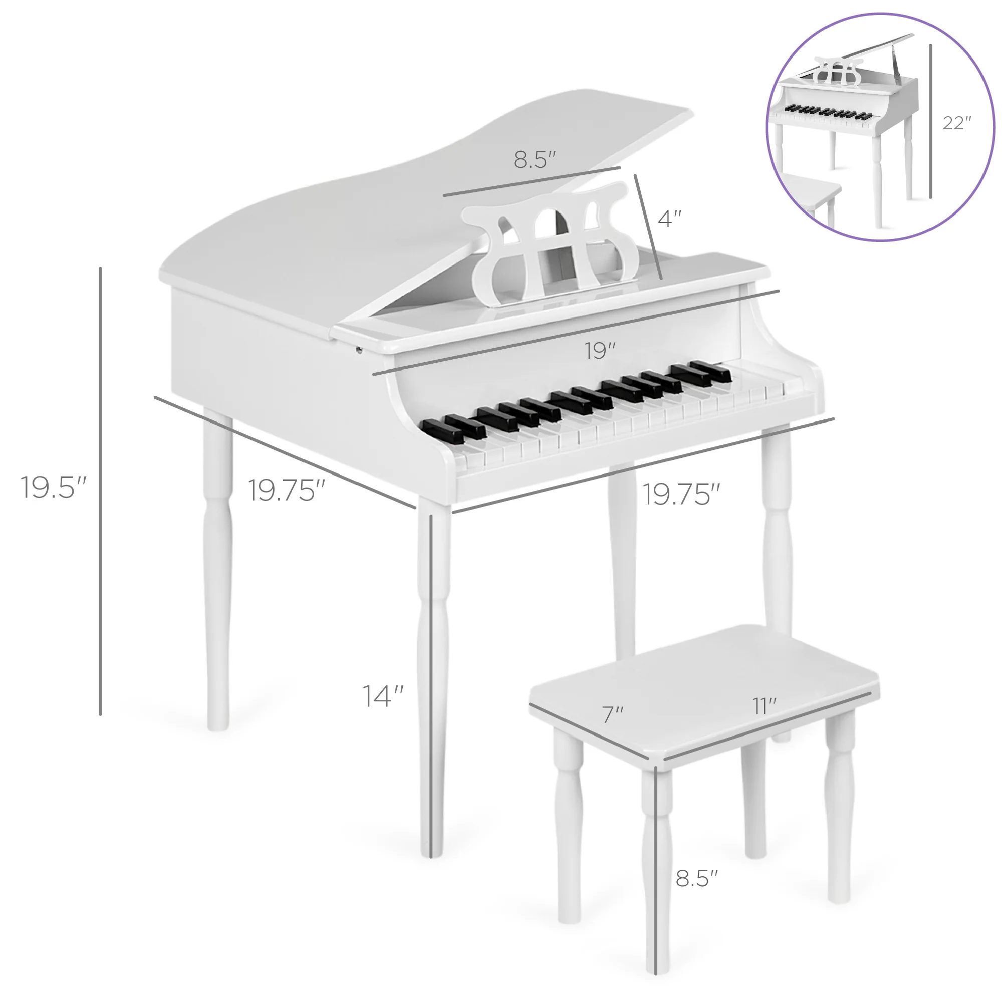 Kids Mini Wooden Grand Piano w/ Lid, Bench, Music Rack, Song Book, Stickers - Image 44