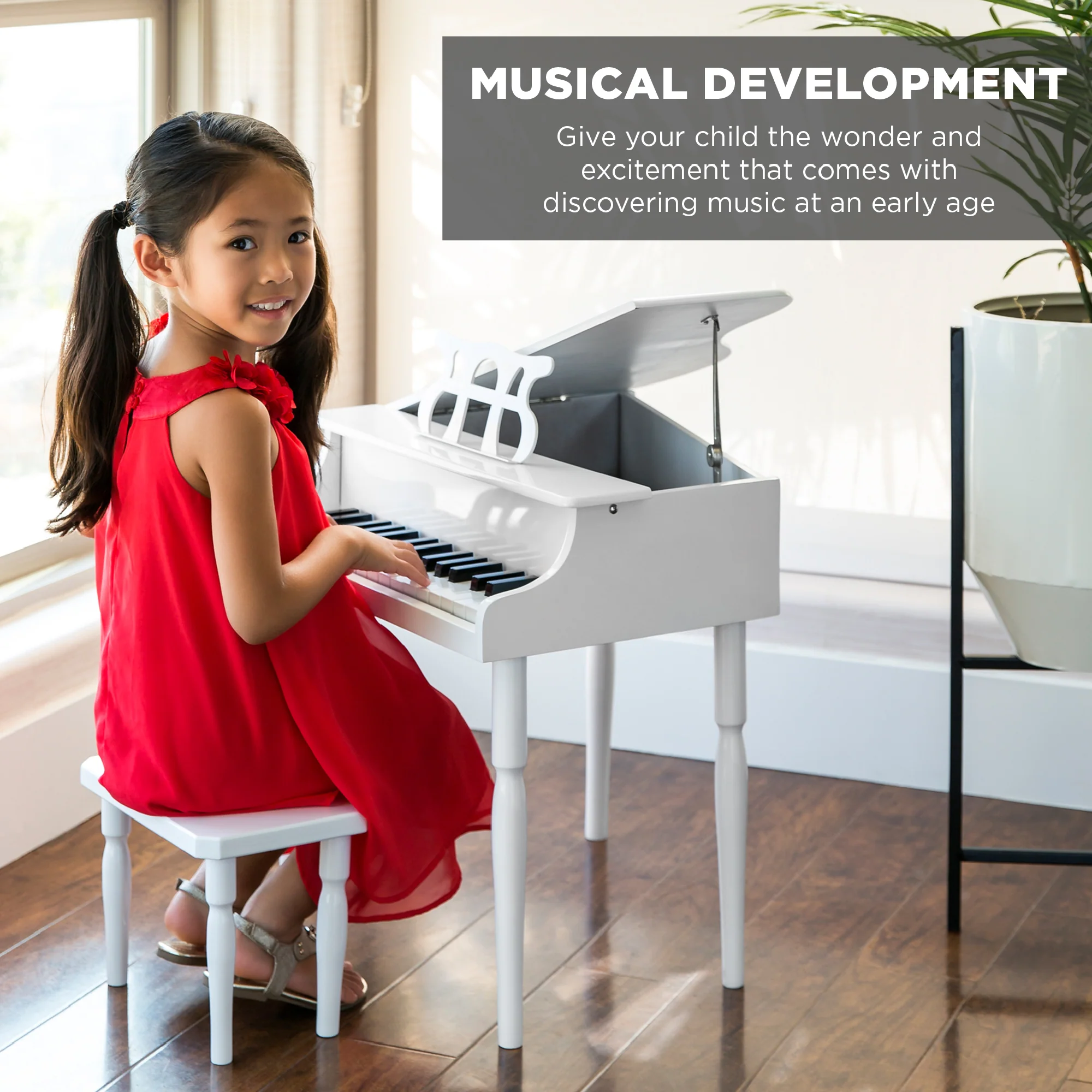 Kids Mini Wooden Grand Piano w/ Lid, Bench, Music Rack, Song Book, Stickers - Image 45