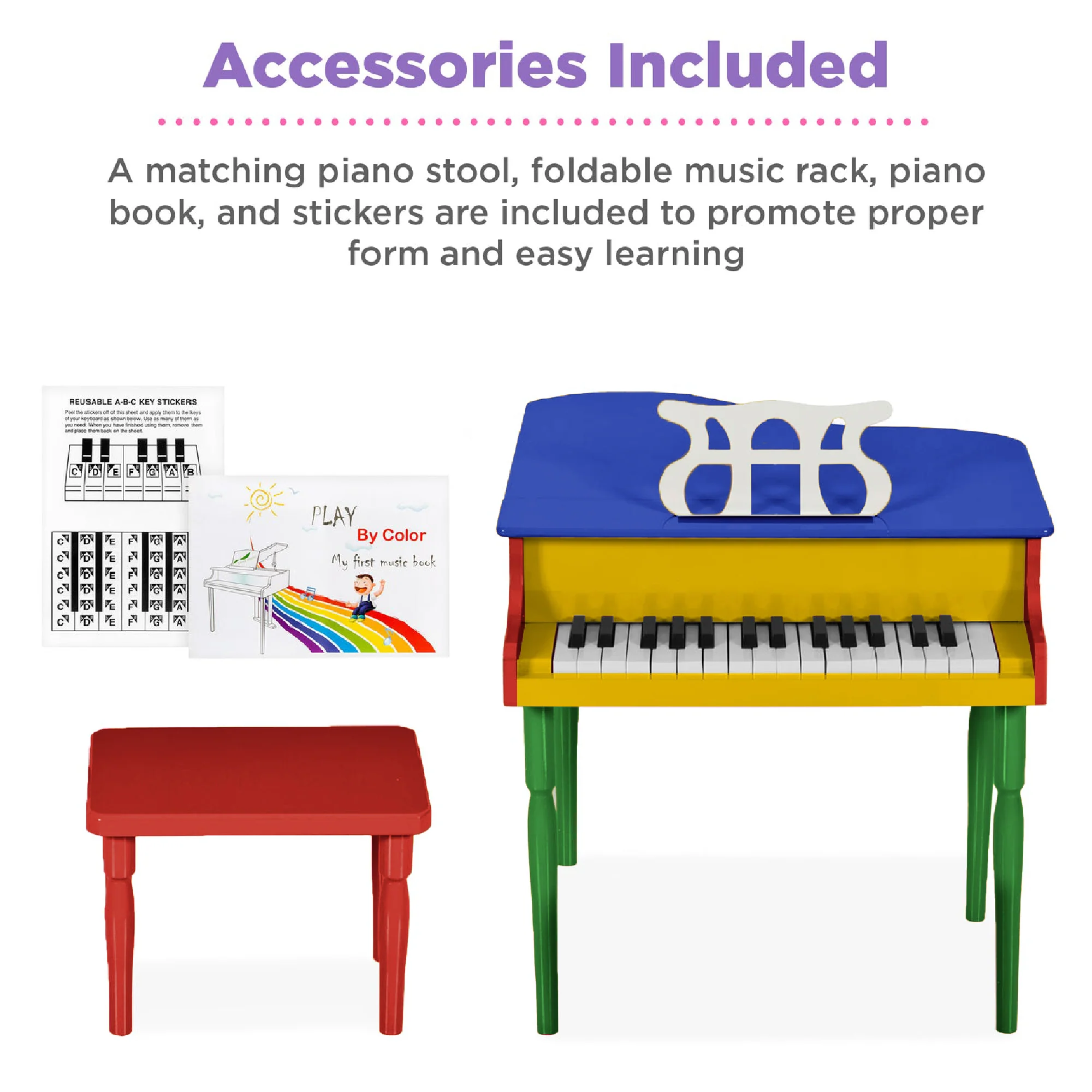 Kids Mini Wooden Grand Piano w/ Lid, Bench, Music Rack, Song Book, Stickers - Image 5