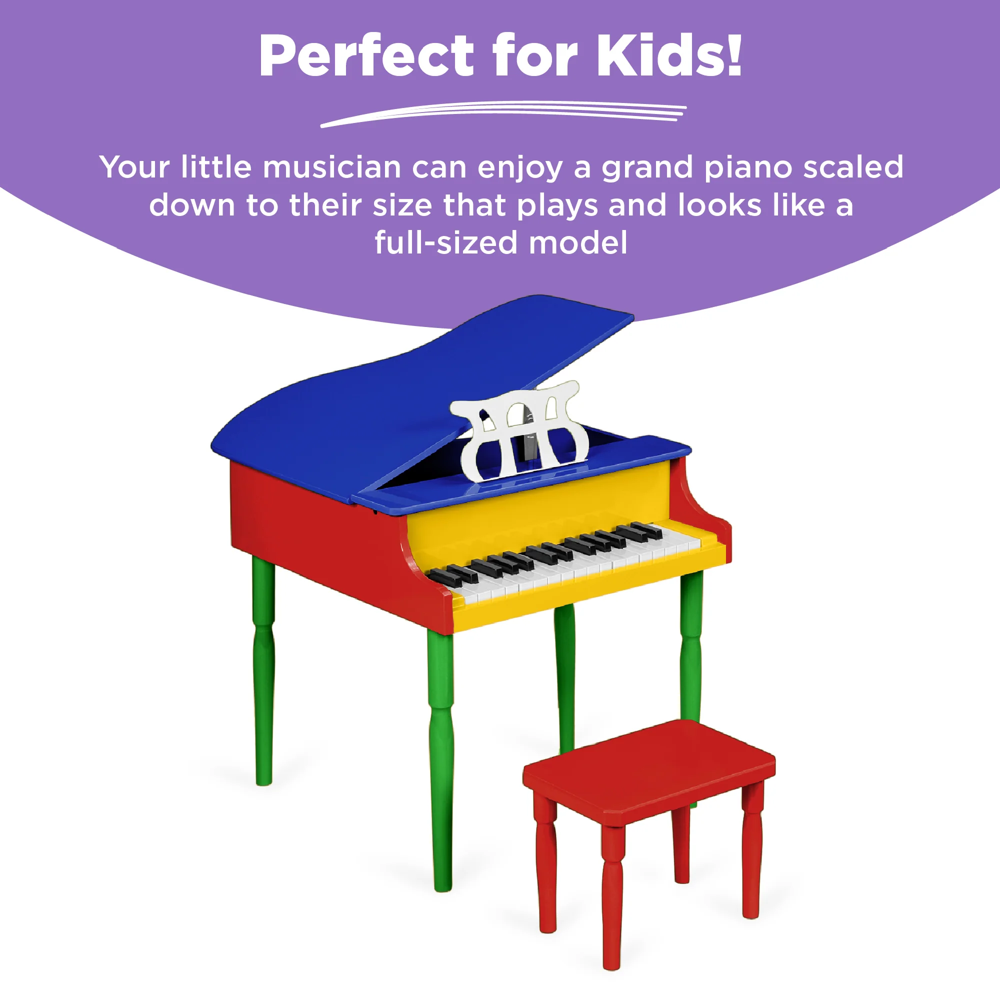 Kids Mini Wooden Grand Piano w/ Lid, Bench, Music Rack, Song Book, Stickers - Image 7