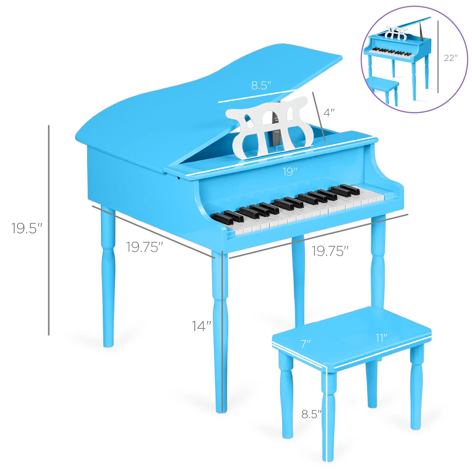 Kids Mini Wooden Grand Piano w/ Lid, Bench, Music Rack, Song Book, Stickers - Image 9