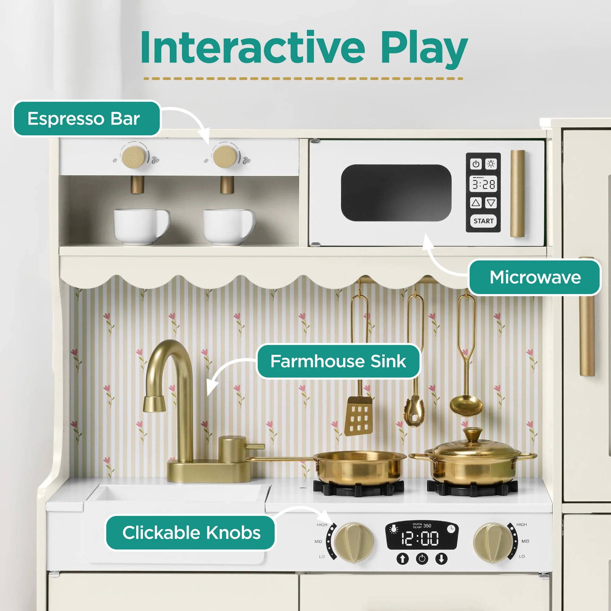 Kids Pretend Play Cottage Kitchen with 11 Accessories, Espresso Machine - Image 15