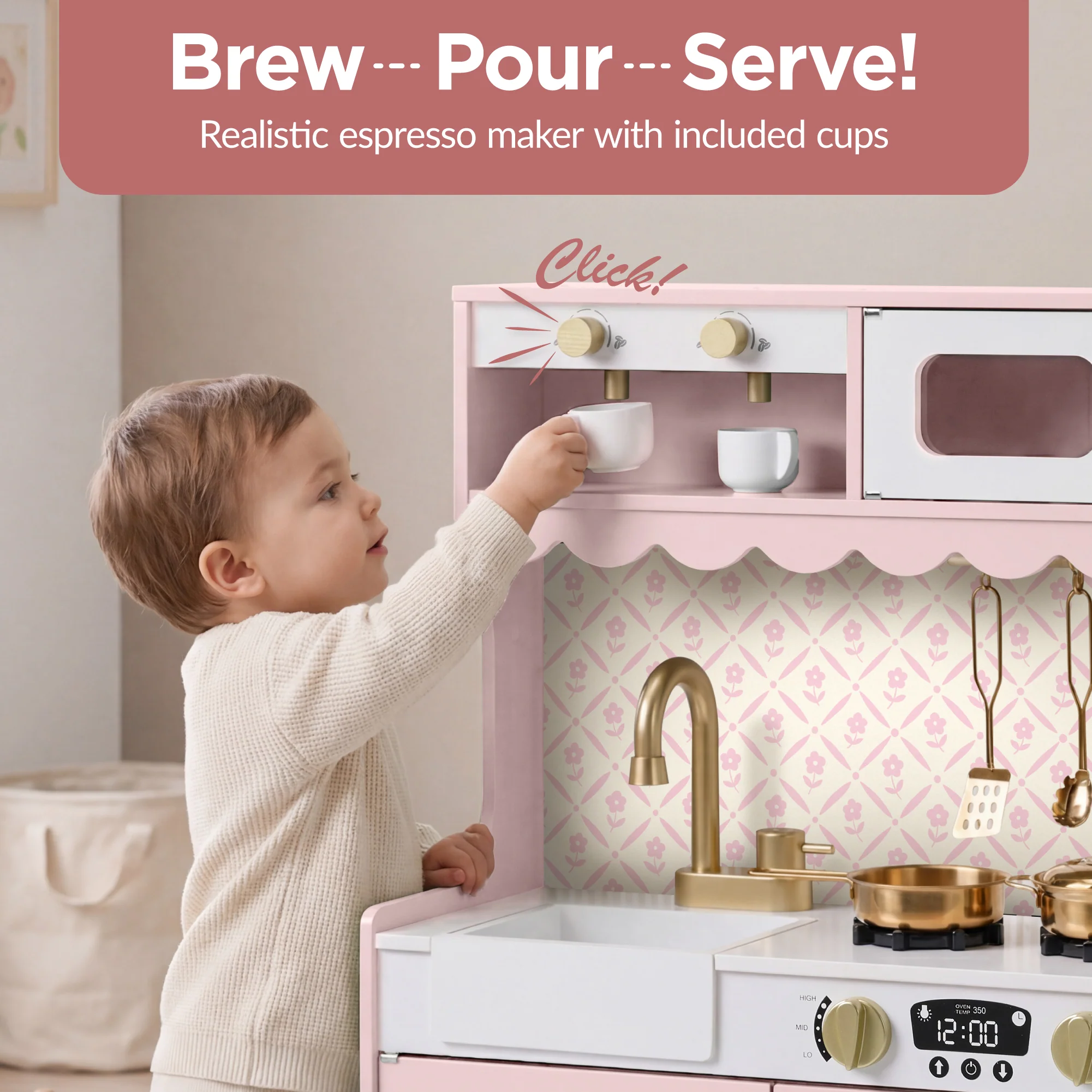 Kids Pretend Play Cottage Kitchen with 11 Accessories, Espresso Machine - Image 23