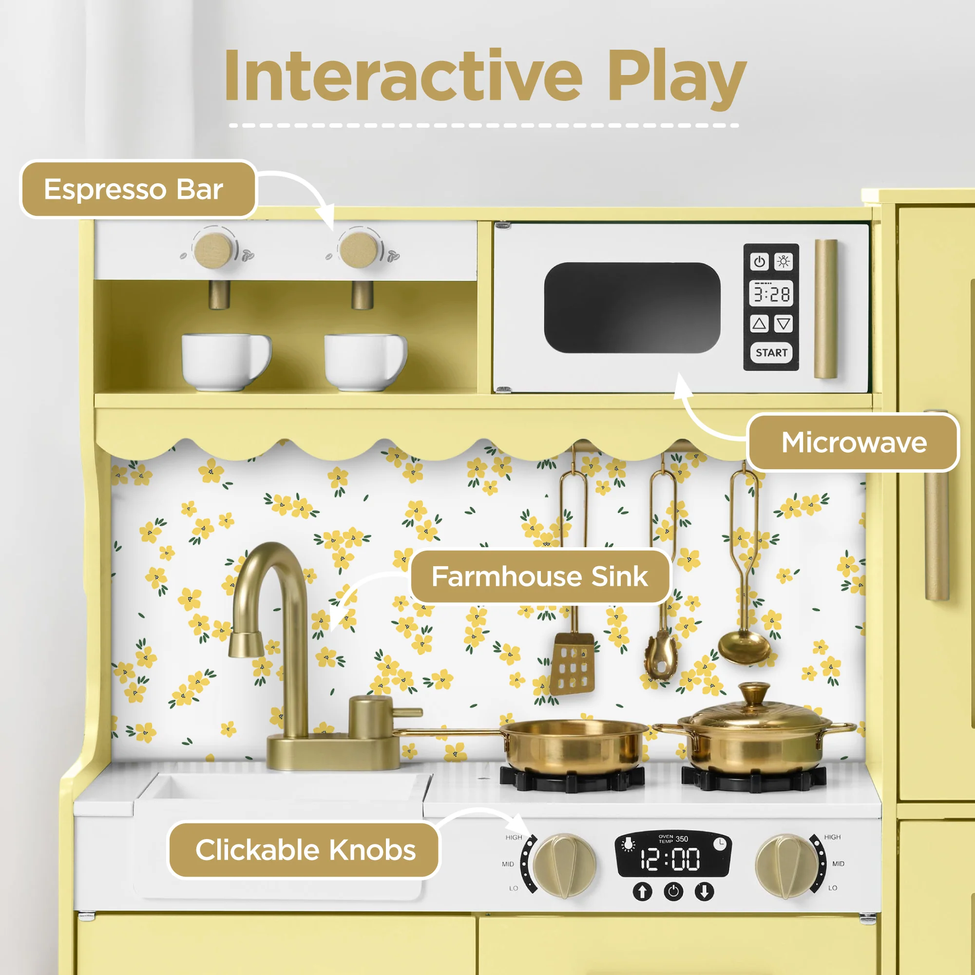 Kids Pretend Play Cottage Kitchen with 11 Accessories, Espresso Machine - Image 33