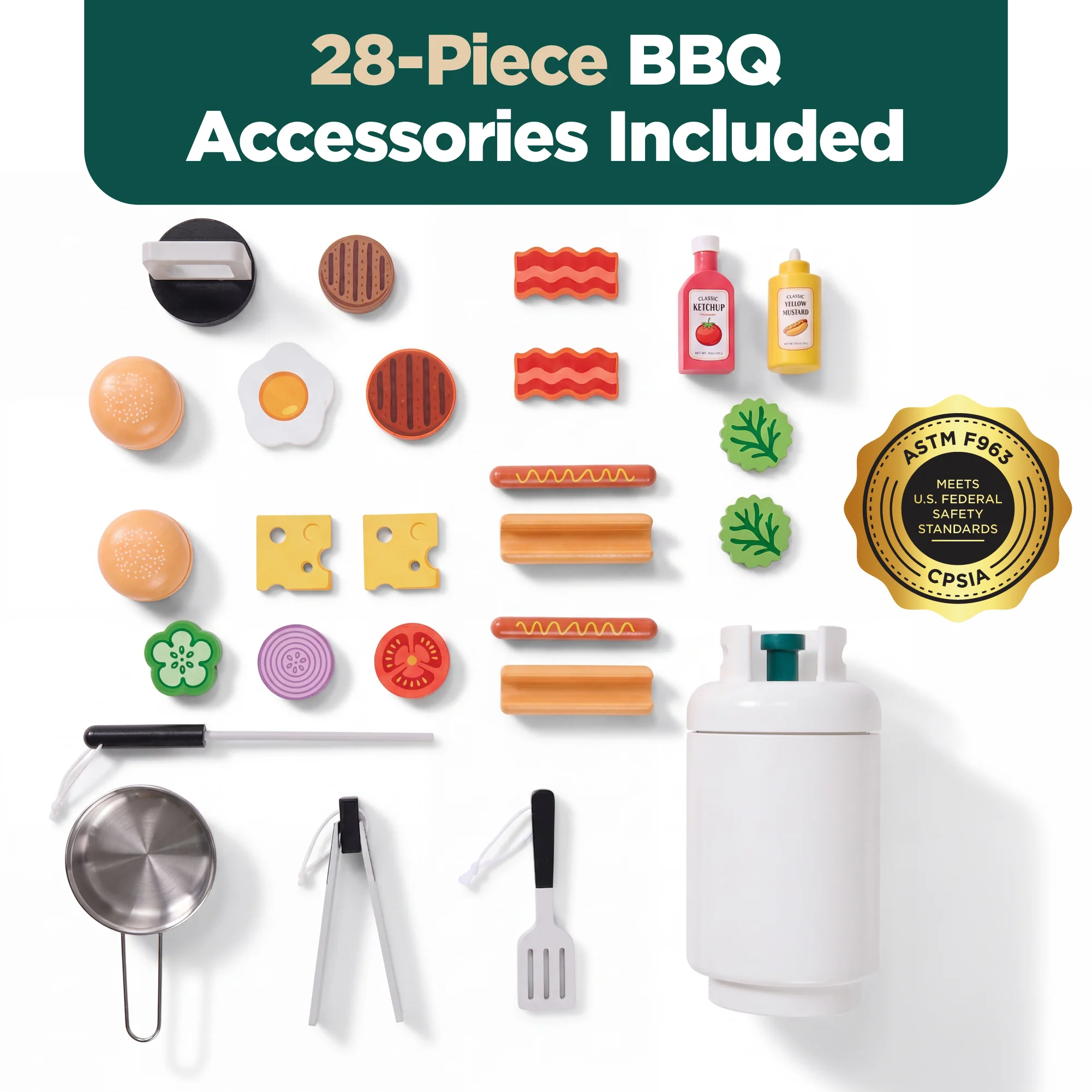 Kids Wooden BBQ Grill Playset, Pretend Kitchen Toy w/ 28 Accessories - Image 3