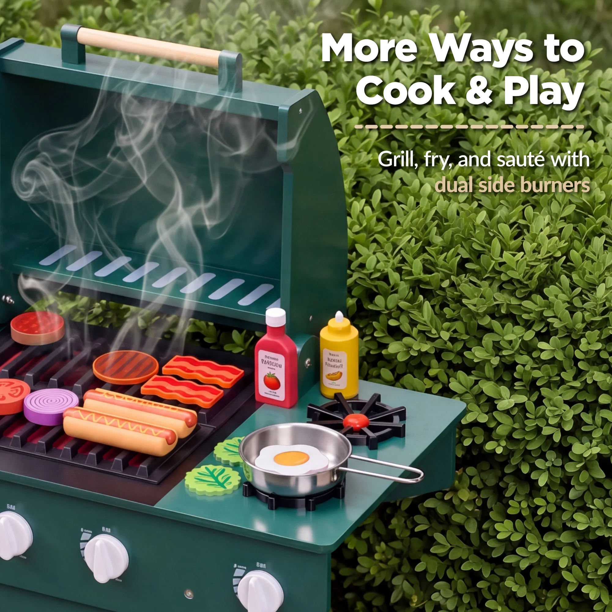 Kids Wooden BBQ Grill Playset, Pretend Kitchen Toy w/ 28 Accessories - Image 4