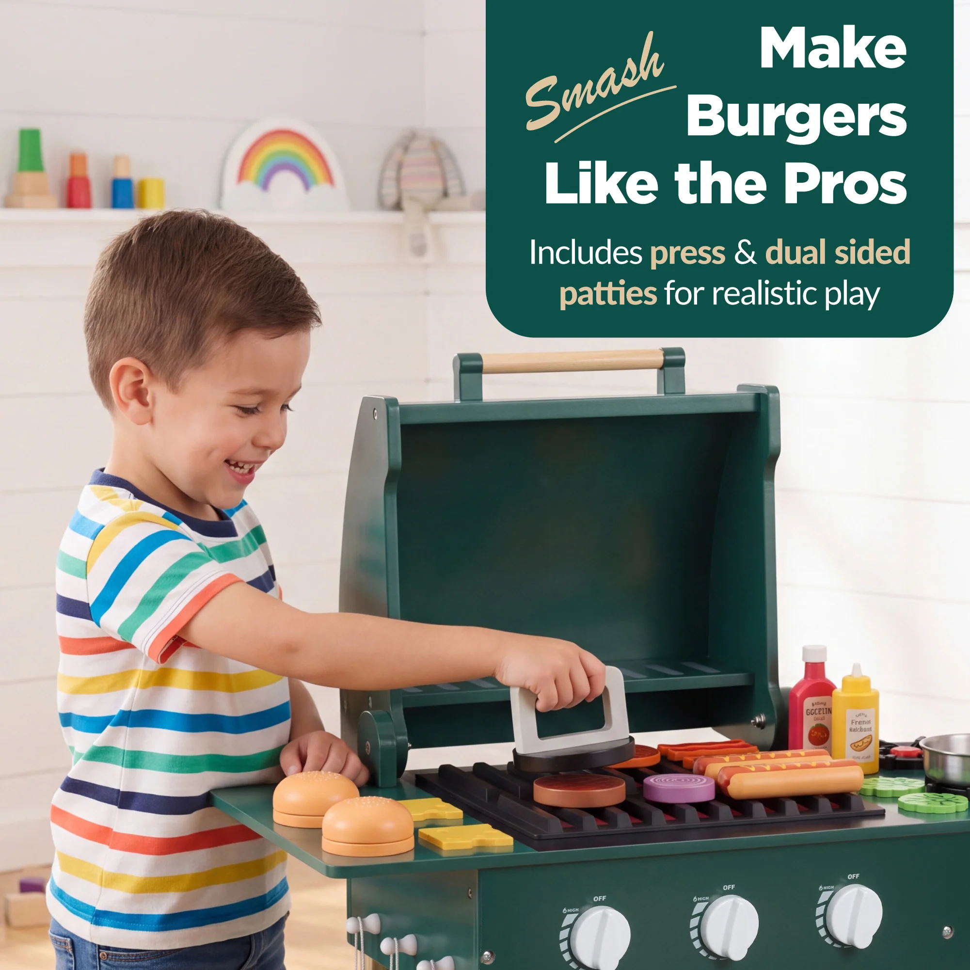 Kids Wooden BBQ Grill Playset, Pretend Kitchen Toy w/ 28 Accessories - Image 5