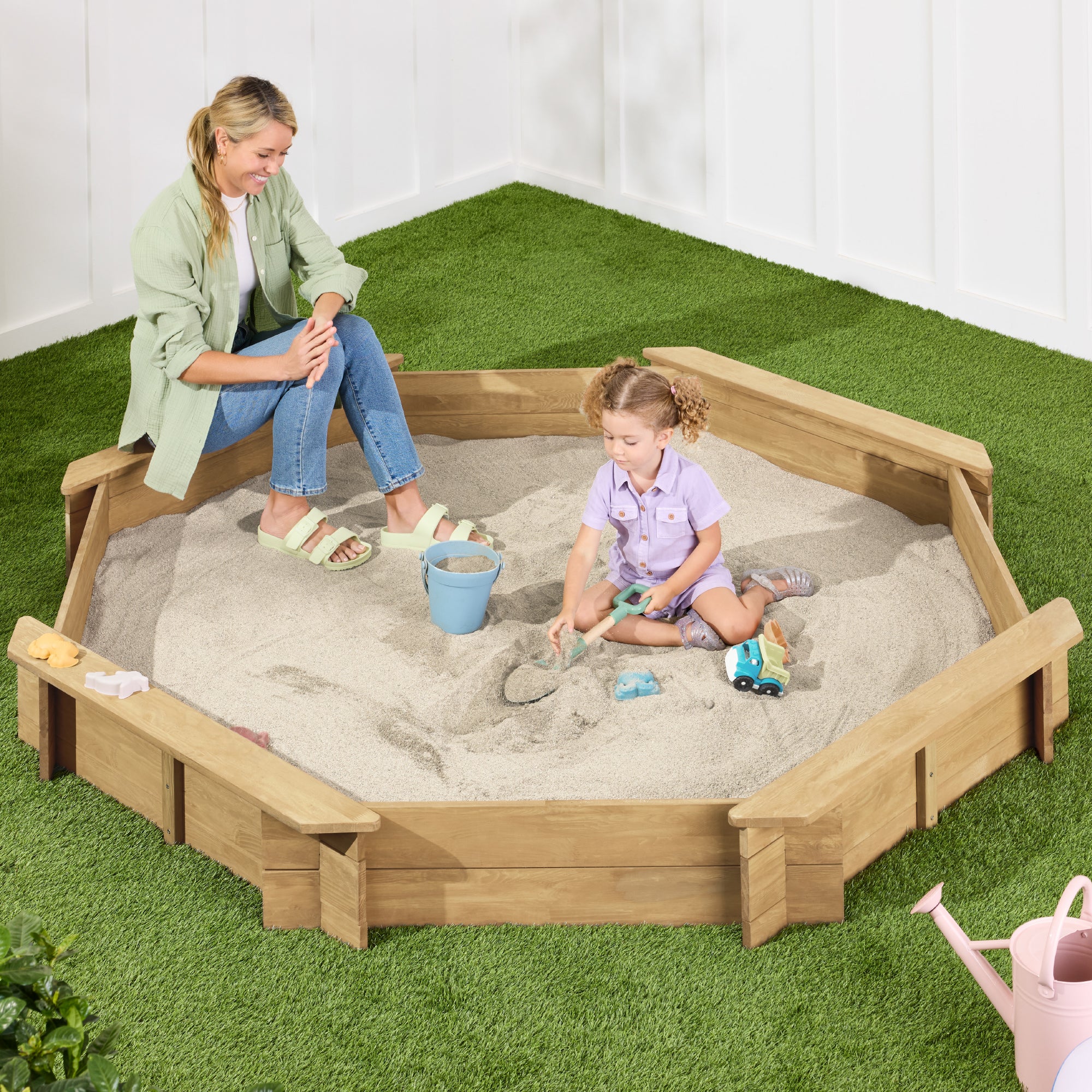 Kid's Wooden Octagonal Sandbox w/ Sand Cover, 4 Reinforced Benches, 8 Seats - Image 17