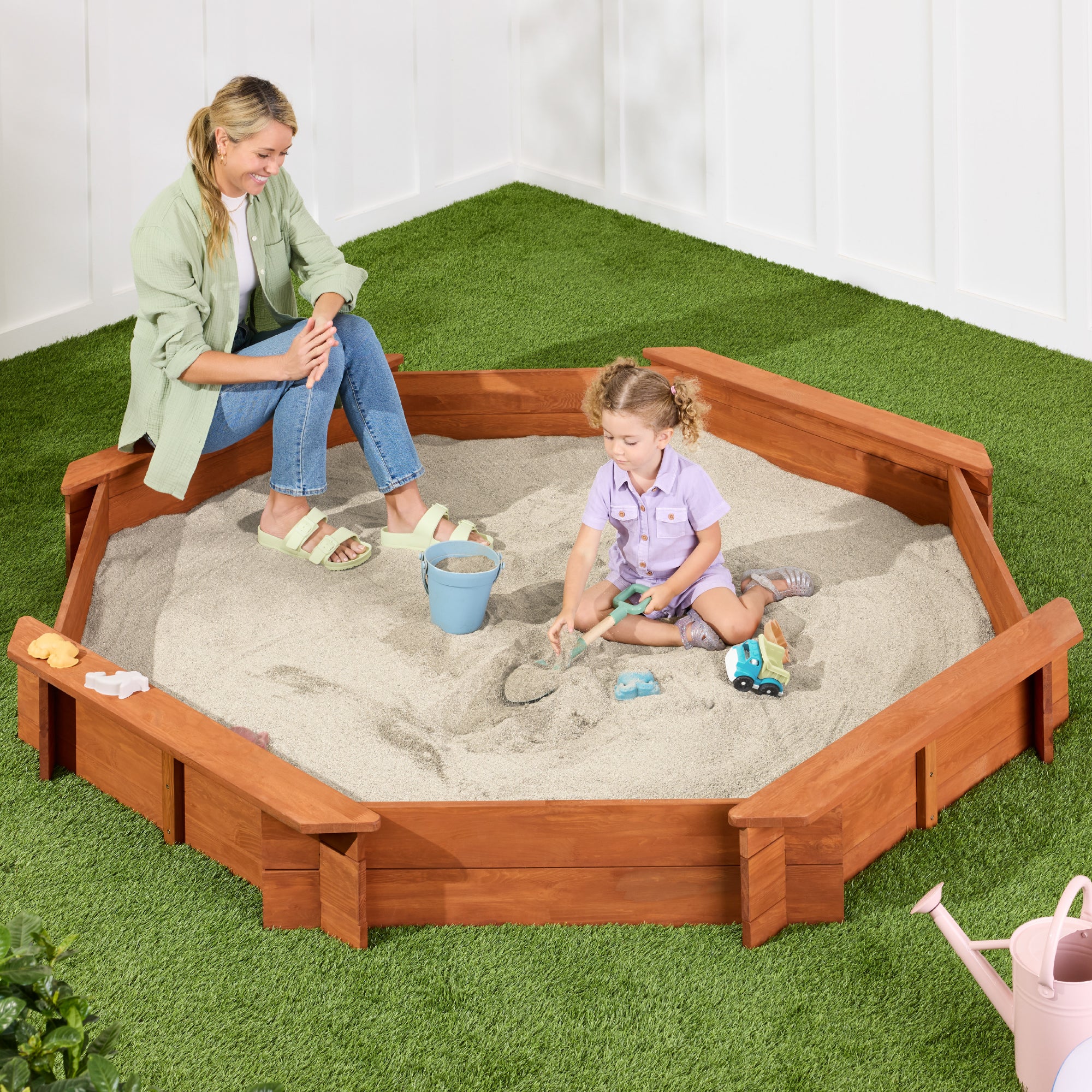 Kid's Wooden Octagonal Sandbox w/ Sand Cover, 4 Reinforced Benches, 8 Seats - Image 49