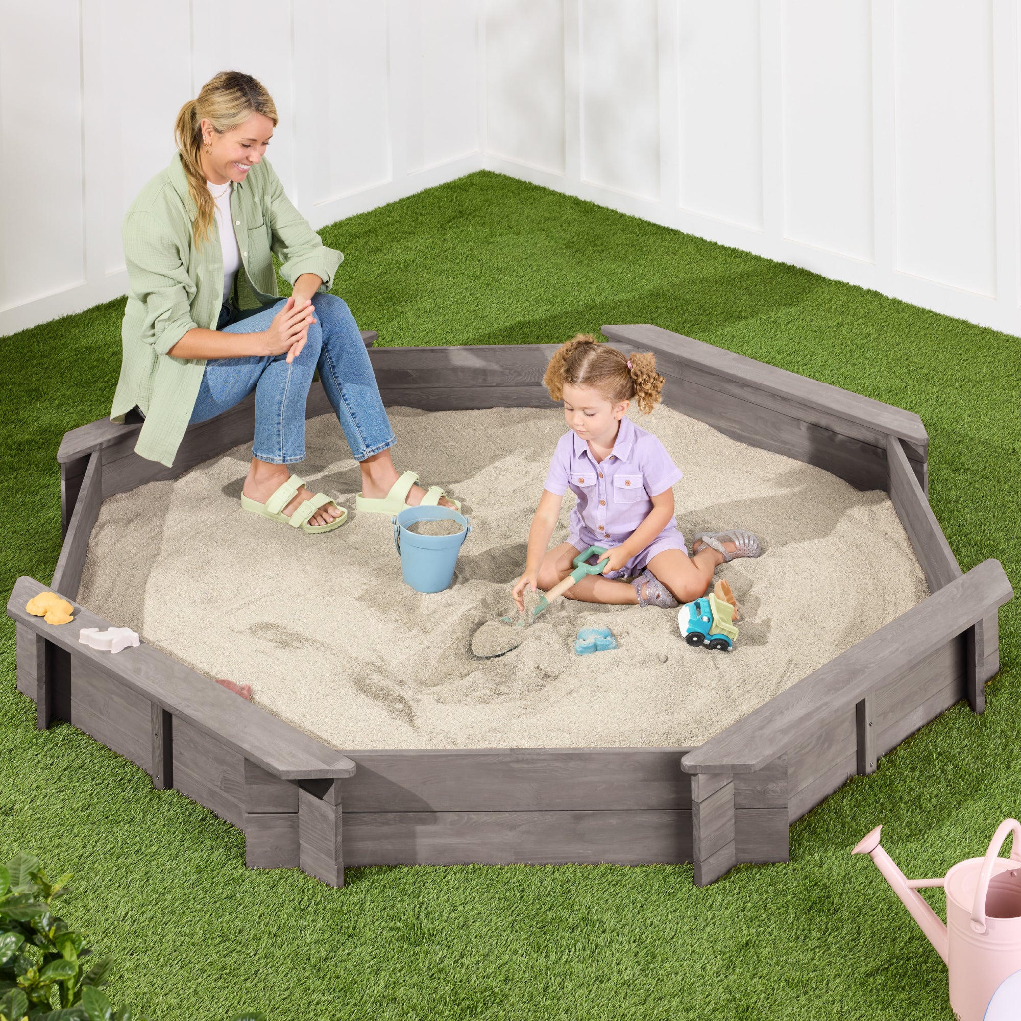 Kid's Wooden Octagonal Sandbox w/ Sand Cover, 4 Reinforced Benches, 8 Seats - Image 57