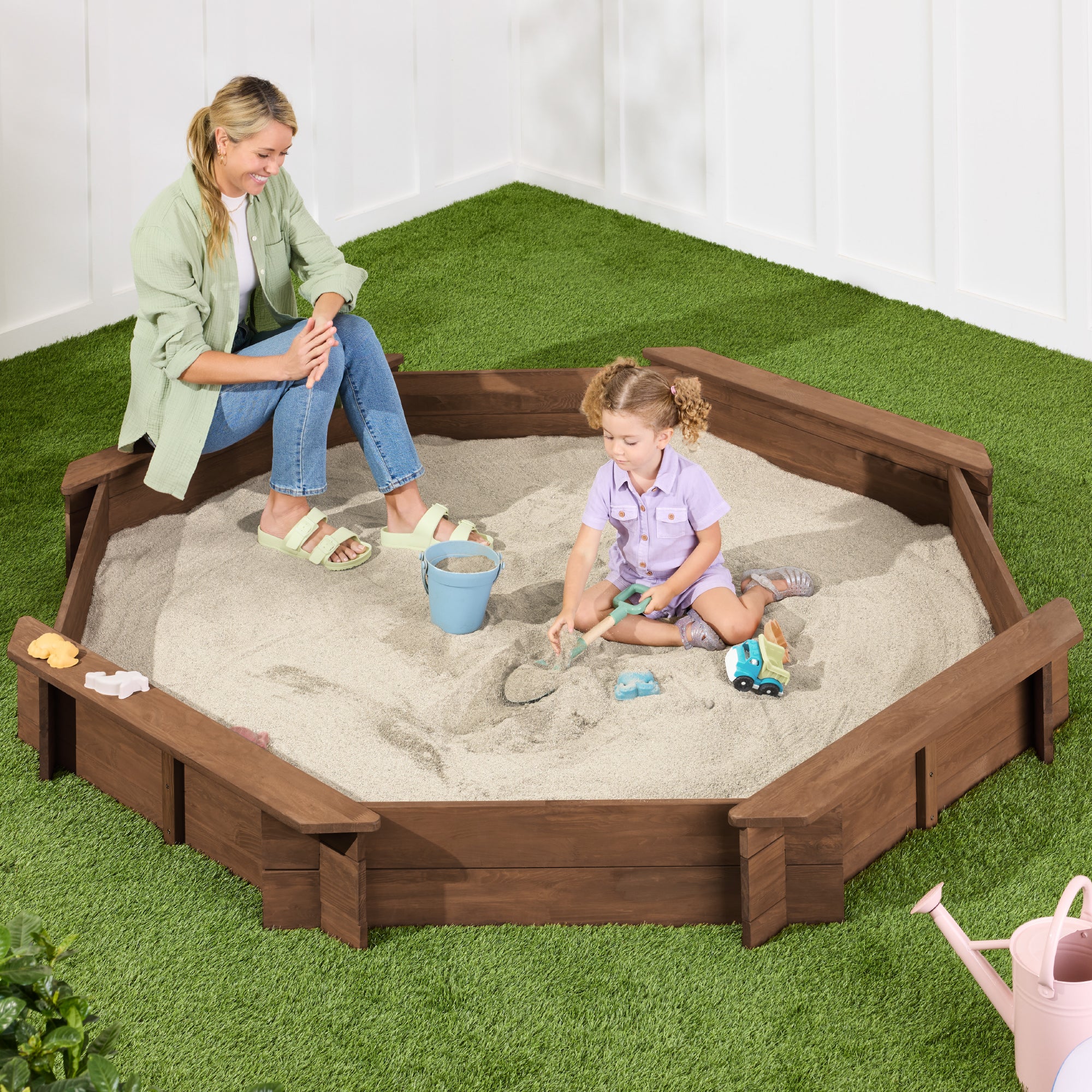 Kid's Wooden Octagonal Sandbox w/ Sand Cover, 4 Reinforced Benches, 8 Seats - Image 9