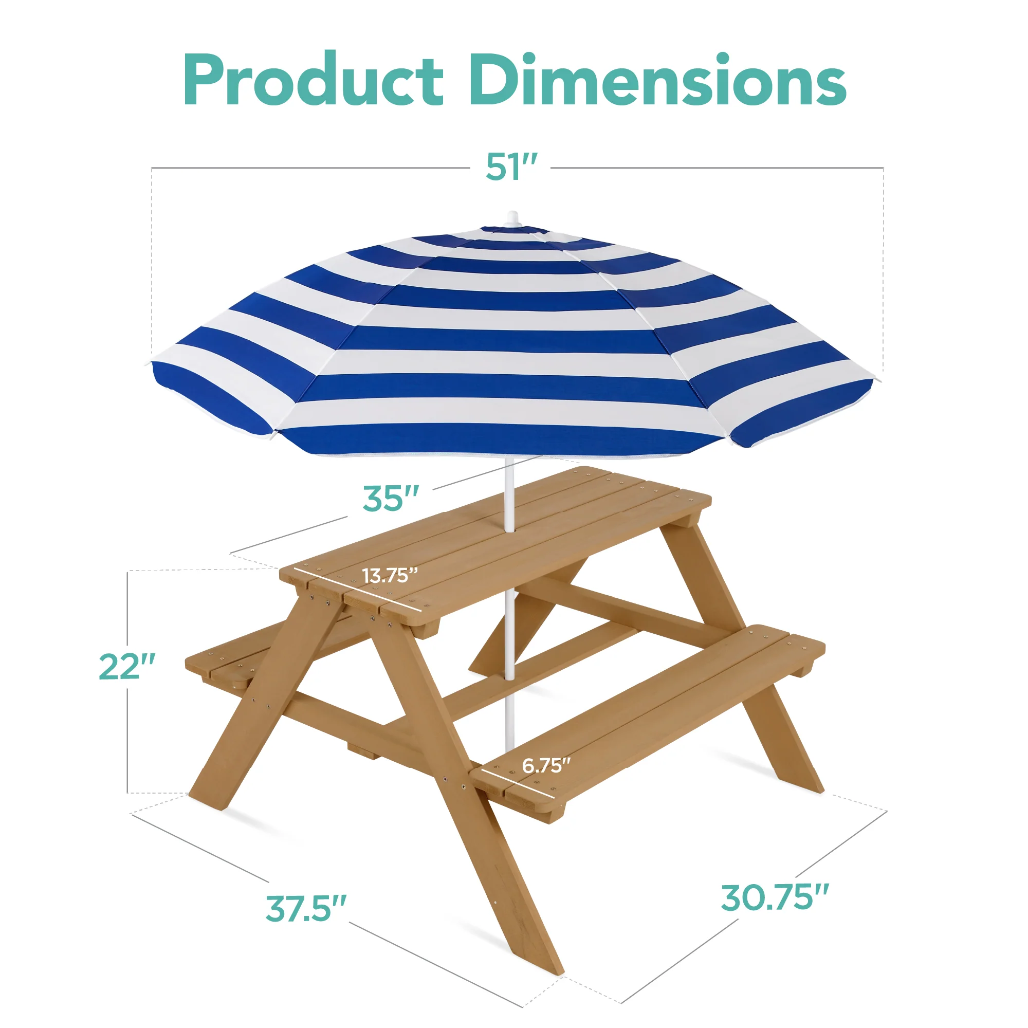 Kids Wooden Outdoor Picnic Table w/ Adjustable Umbrella, Built-In Seats - Image 15