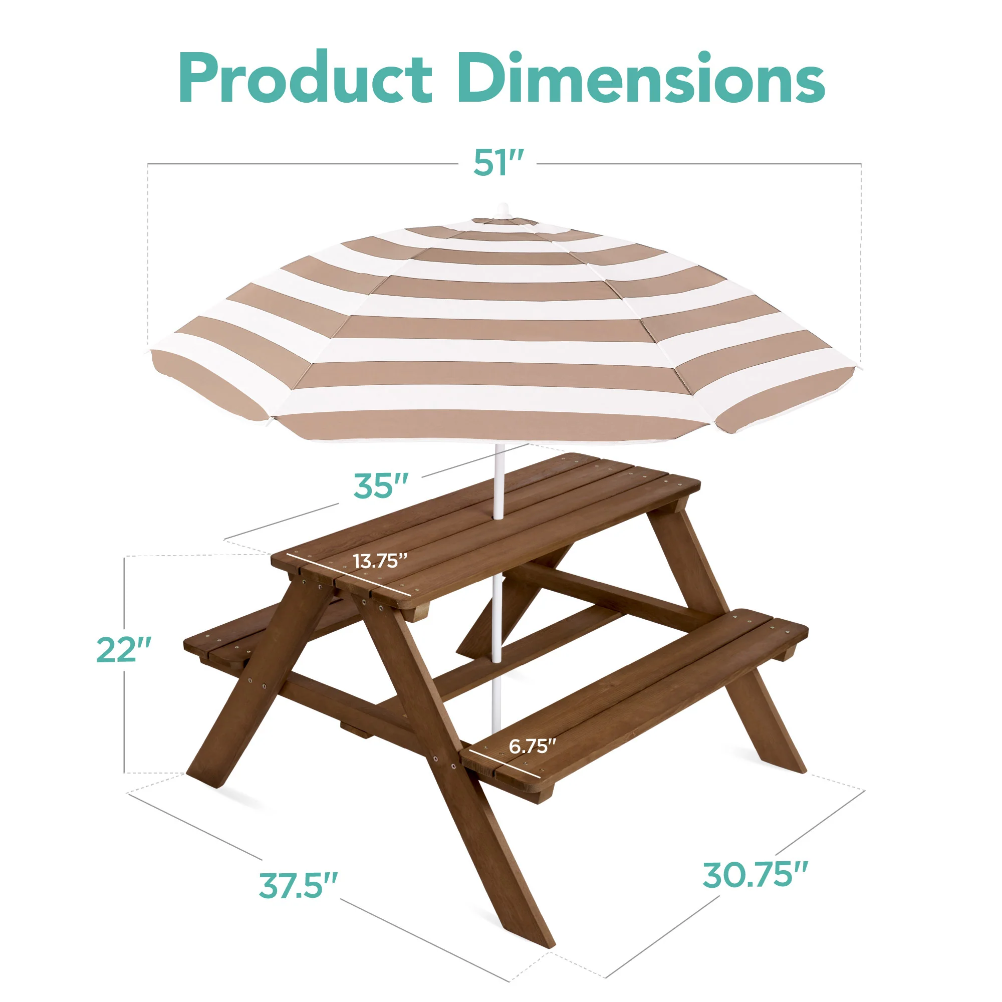 Kids Wooden Outdoor Picnic Table w/ Adjustable Umbrella, Built-In Seats - Image 22