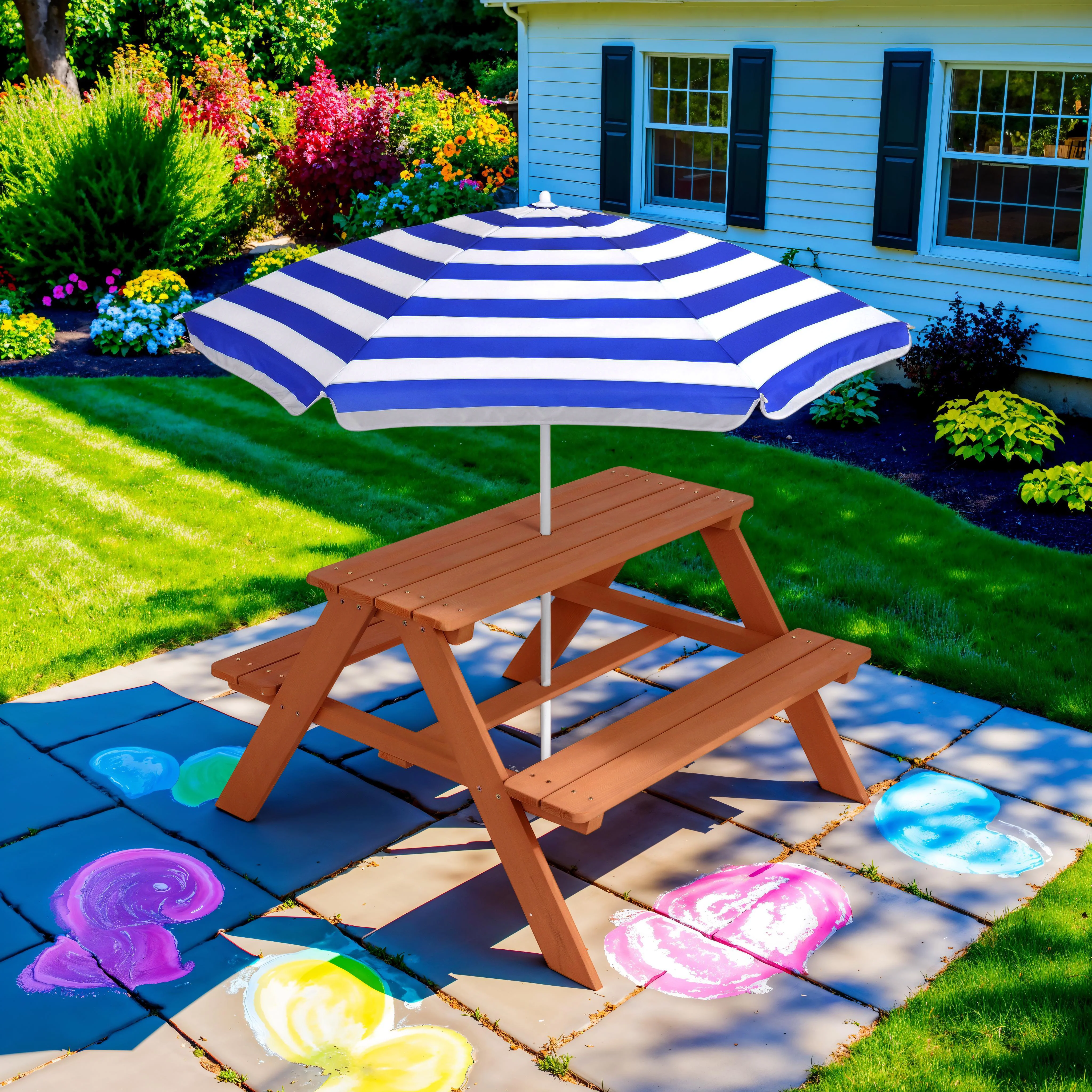 Kids Wooden Outdoor Picnic Table w/ Adjustable Umbrella, Built-In Seats - Image 31