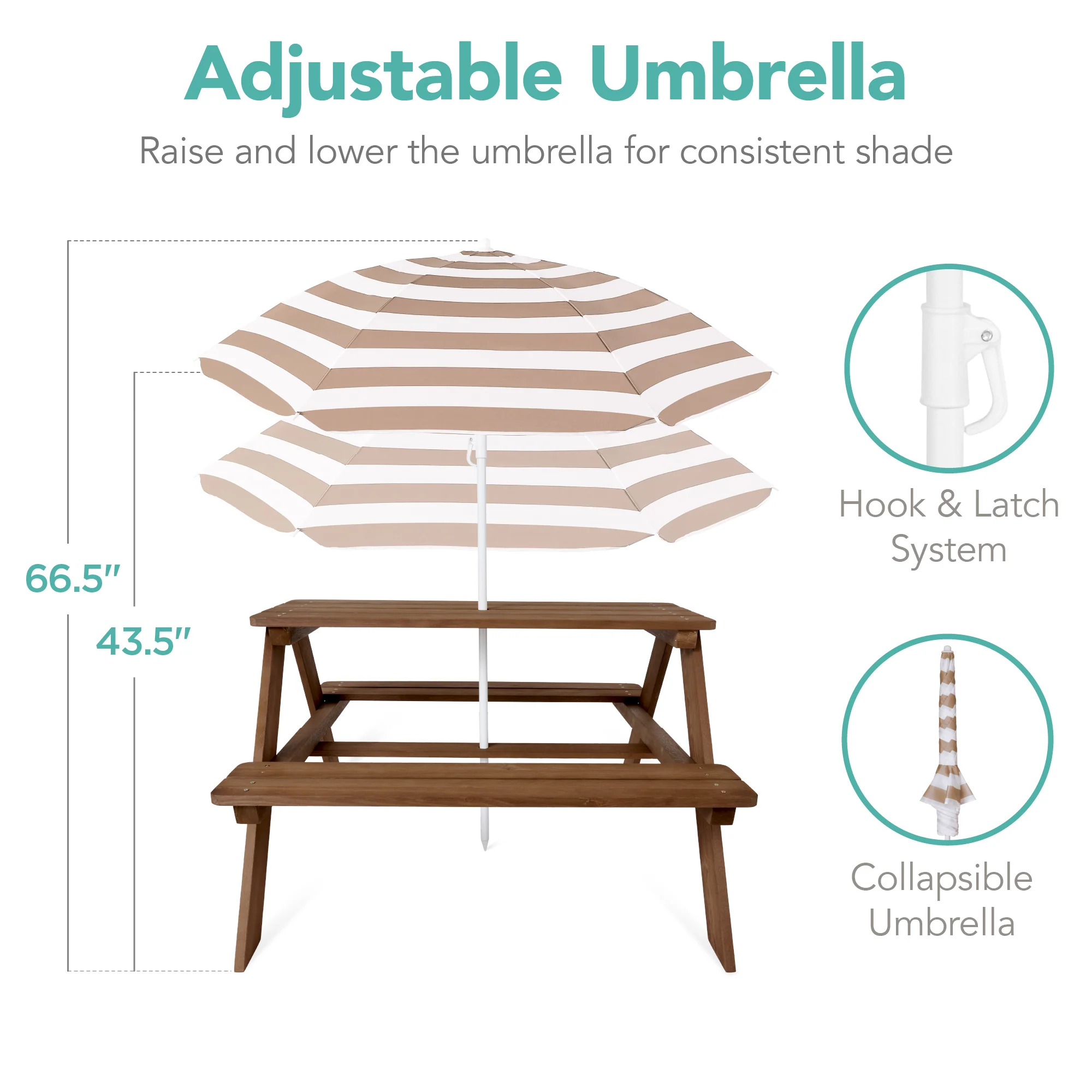 Kids Wooden Outdoor Picnic Table w/ Adjustable Umbrella, Built-In Seats - Image 36