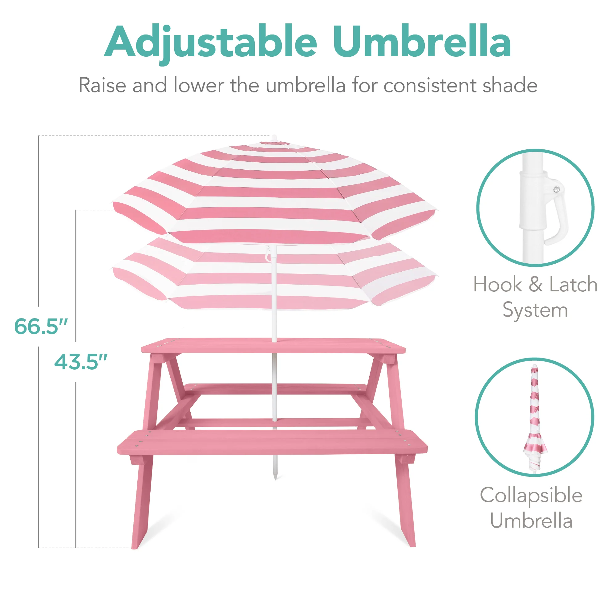 Kids Wooden Outdoor Picnic Table w/ Adjustable Umbrella, Built-In Seats - Image 52