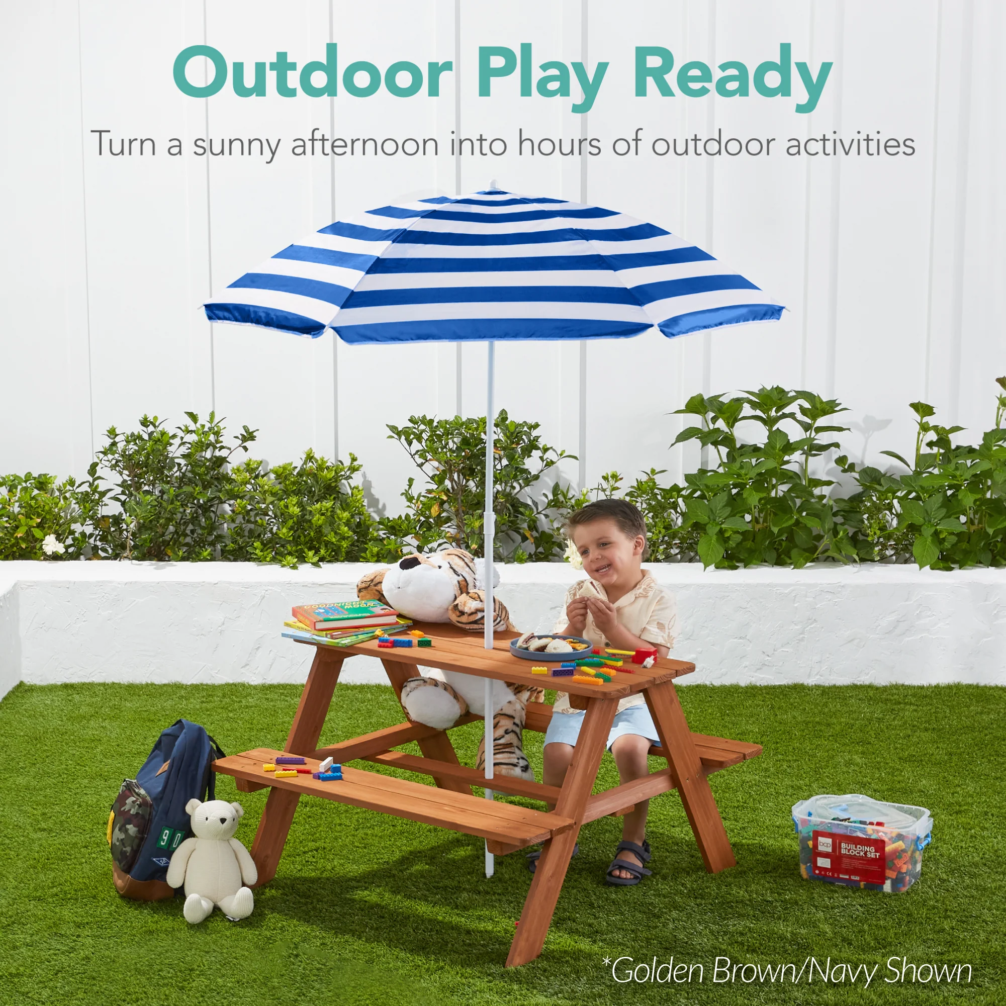 Kids Wooden Outdoor Picnic Table w/ Adjustable Umbrella, Built-In Seats - Image 57