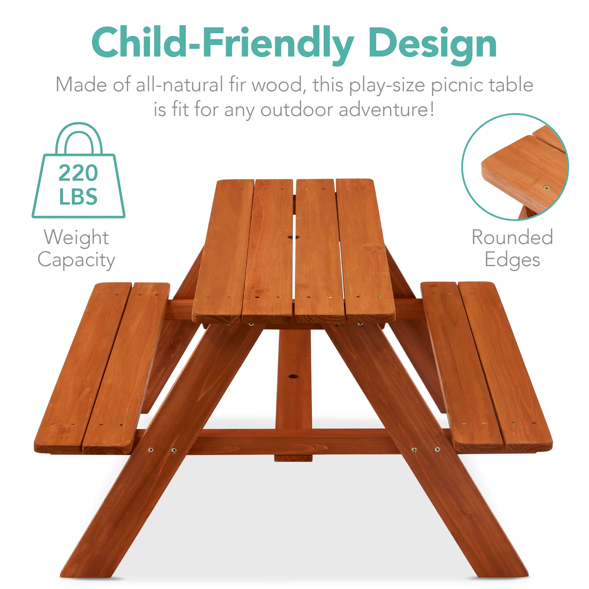 Kids Wooden Outdoor Picnic Table w/ Adjustable Umbrella, Built-In Seats - Image 66
