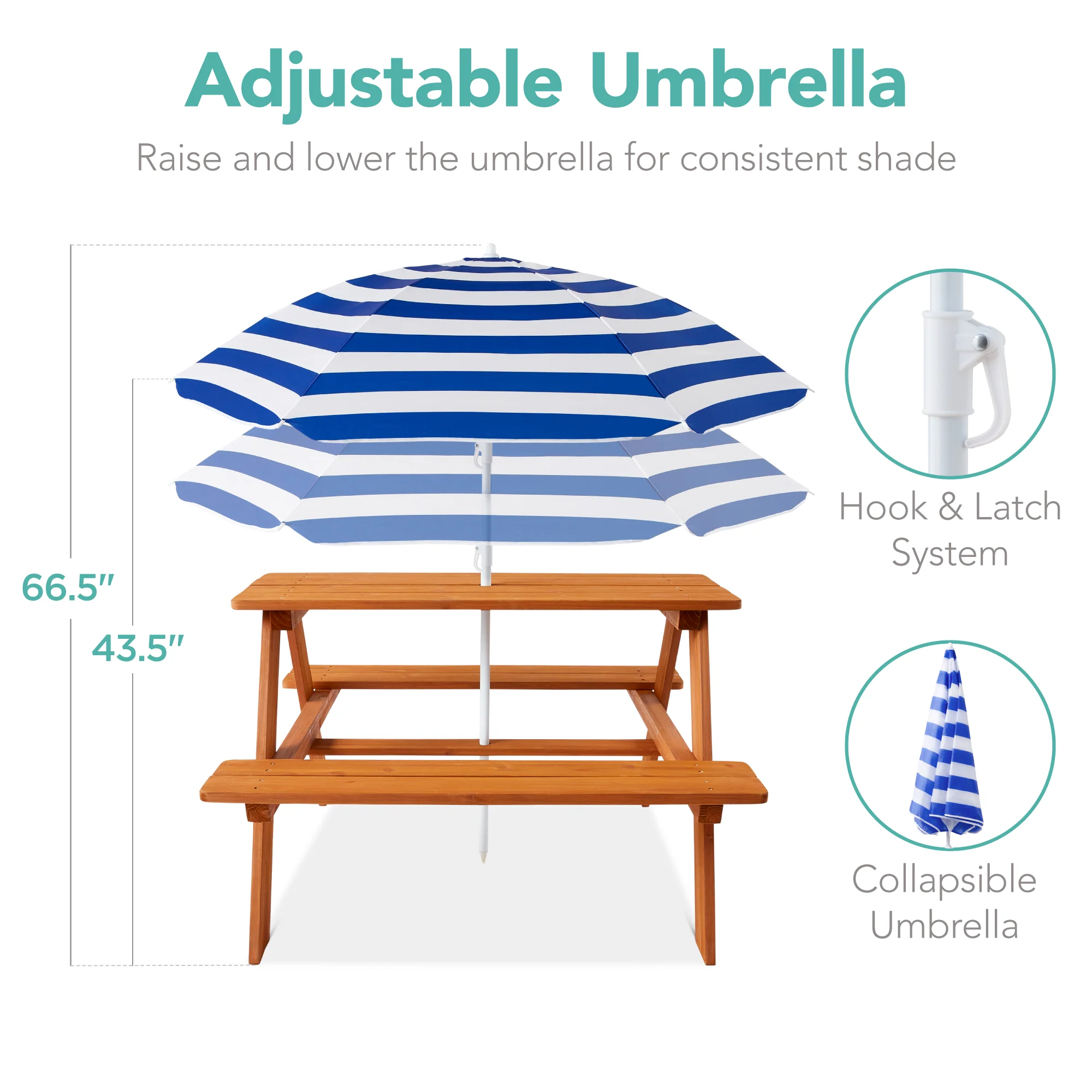 Kids Wooden Outdoor Picnic Table w/ Adjustable Umbrella, Built-In Seats - Image 68