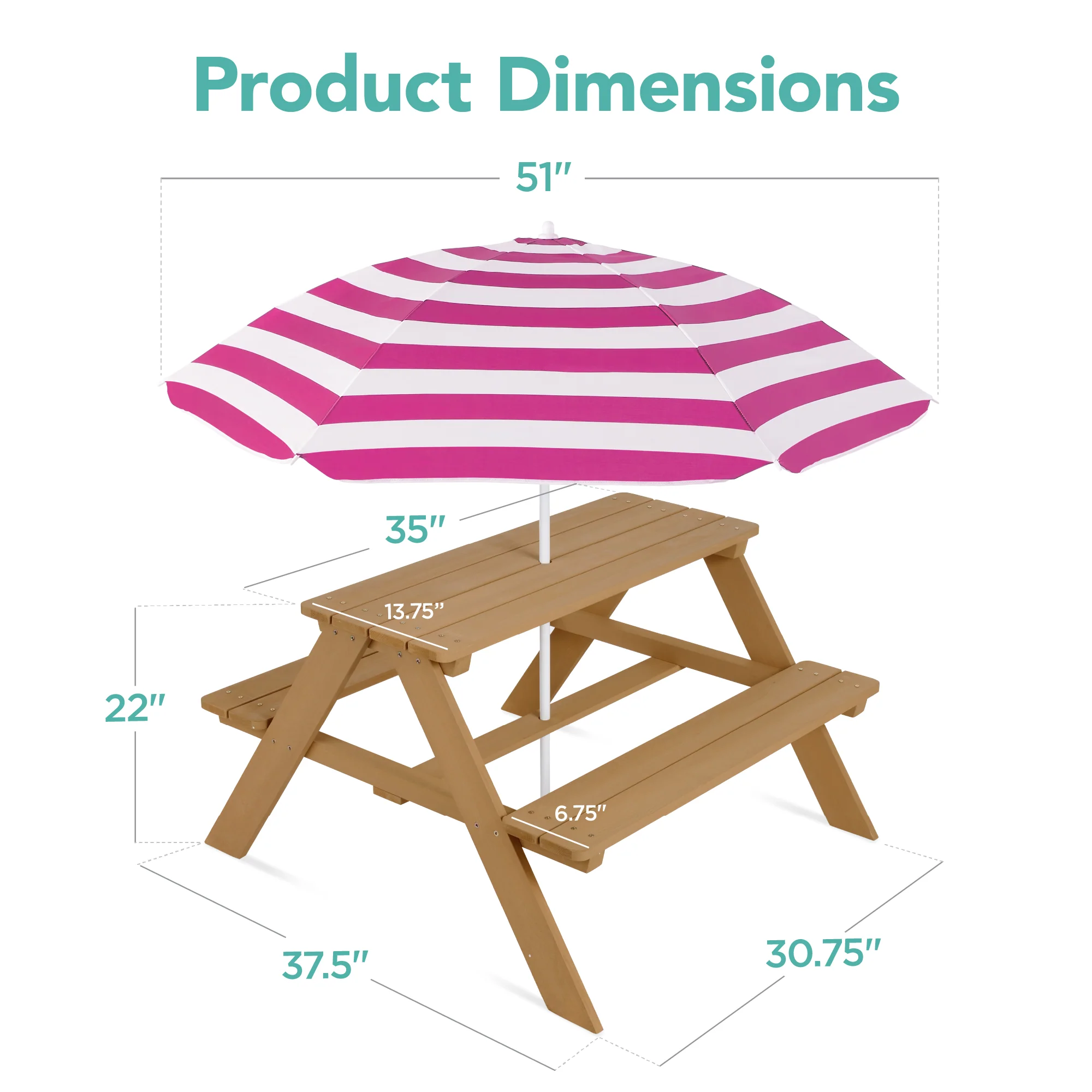 Kids Wooden Outdoor Picnic Table w/ Adjustable Umbrella, Built-In Seats - Image 78