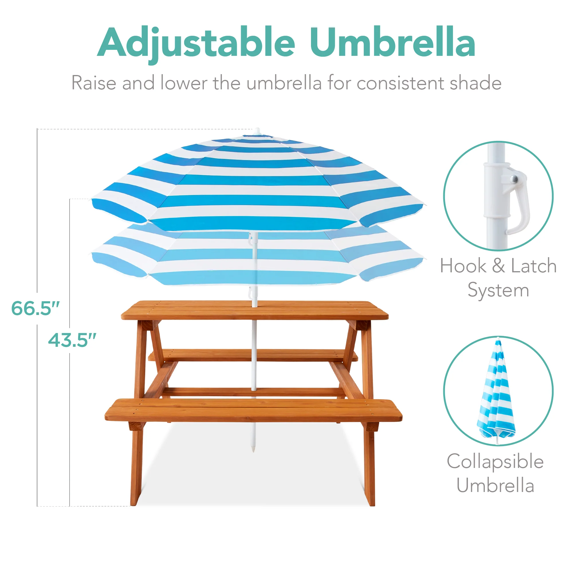 Kids Wooden Outdoor Picnic Table w/ Adjustable Umbrella, Built-In Seats - Image 84