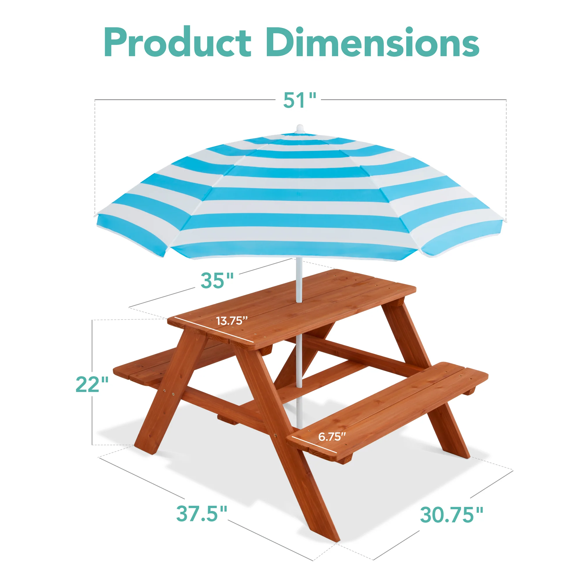 Kids Wooden Outdoor Picnic Table w/ Adjustable Umbrella, Built-In Seats - Image 86