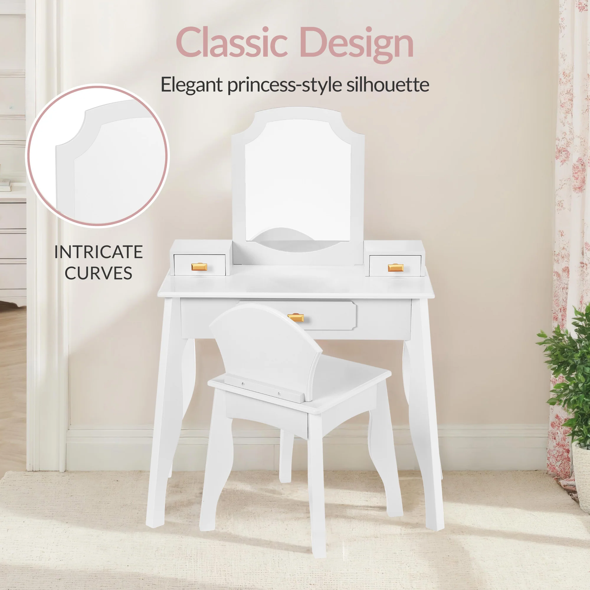 Kids Wooden Pretend Play Vanity and Chair Set w/ Mirror - Image 11