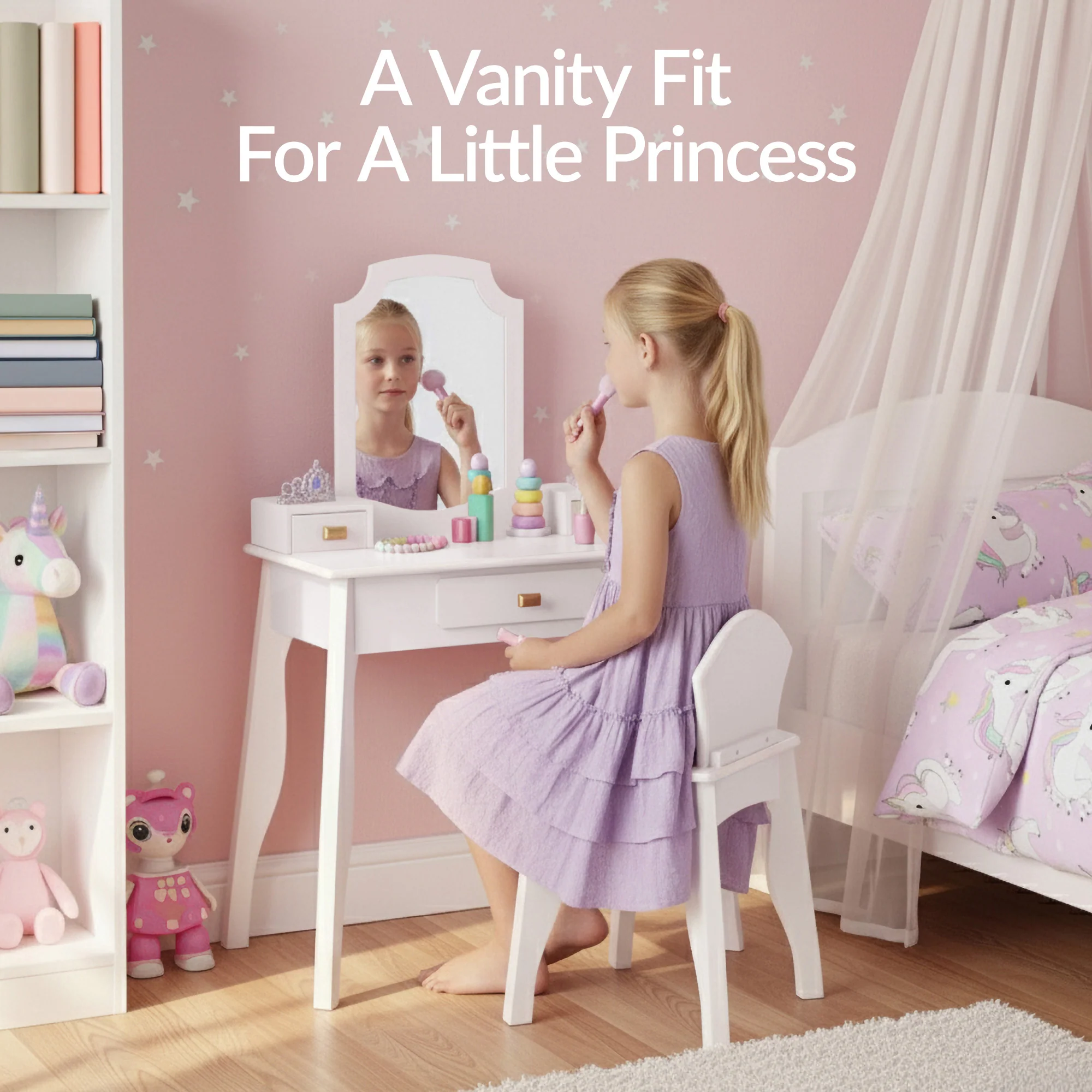 Kids Wooden Pretend Play Vanity and Chair Set w/ Mirror - Image 12
