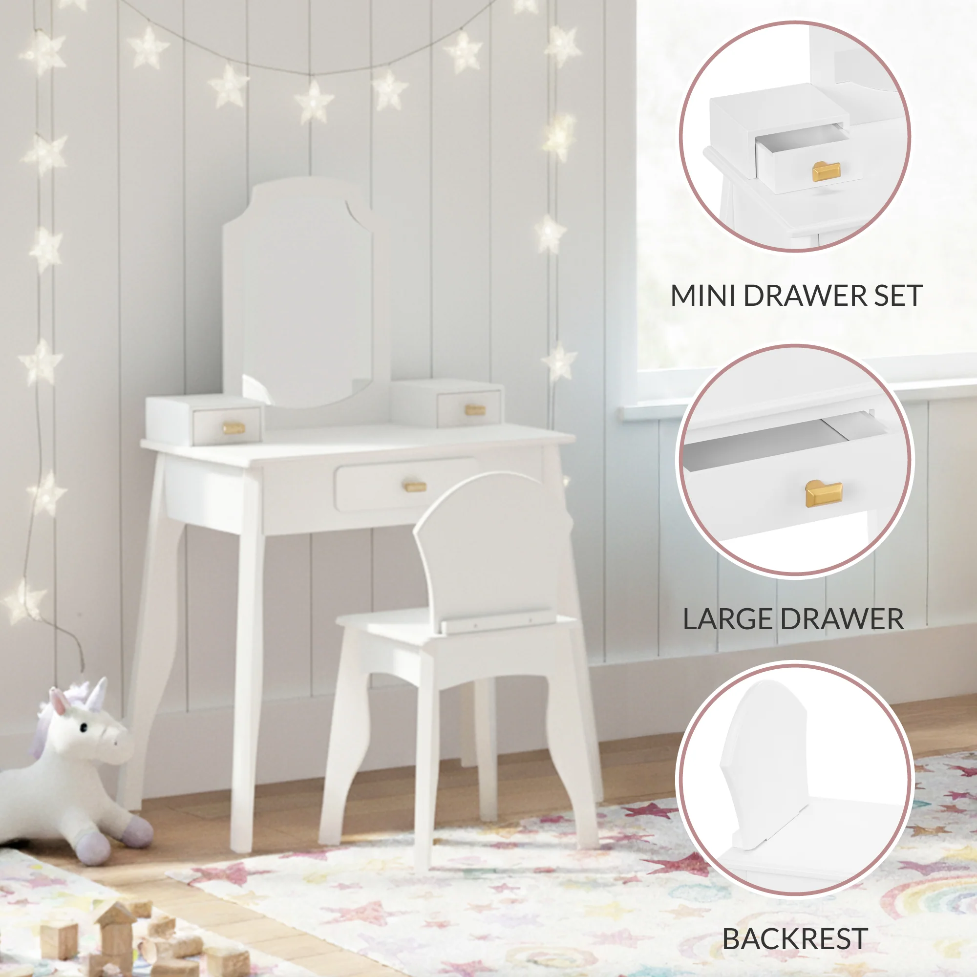 Kids Wooden Pretend Play Vanity and Chair Set w/ Mirror - Image 13