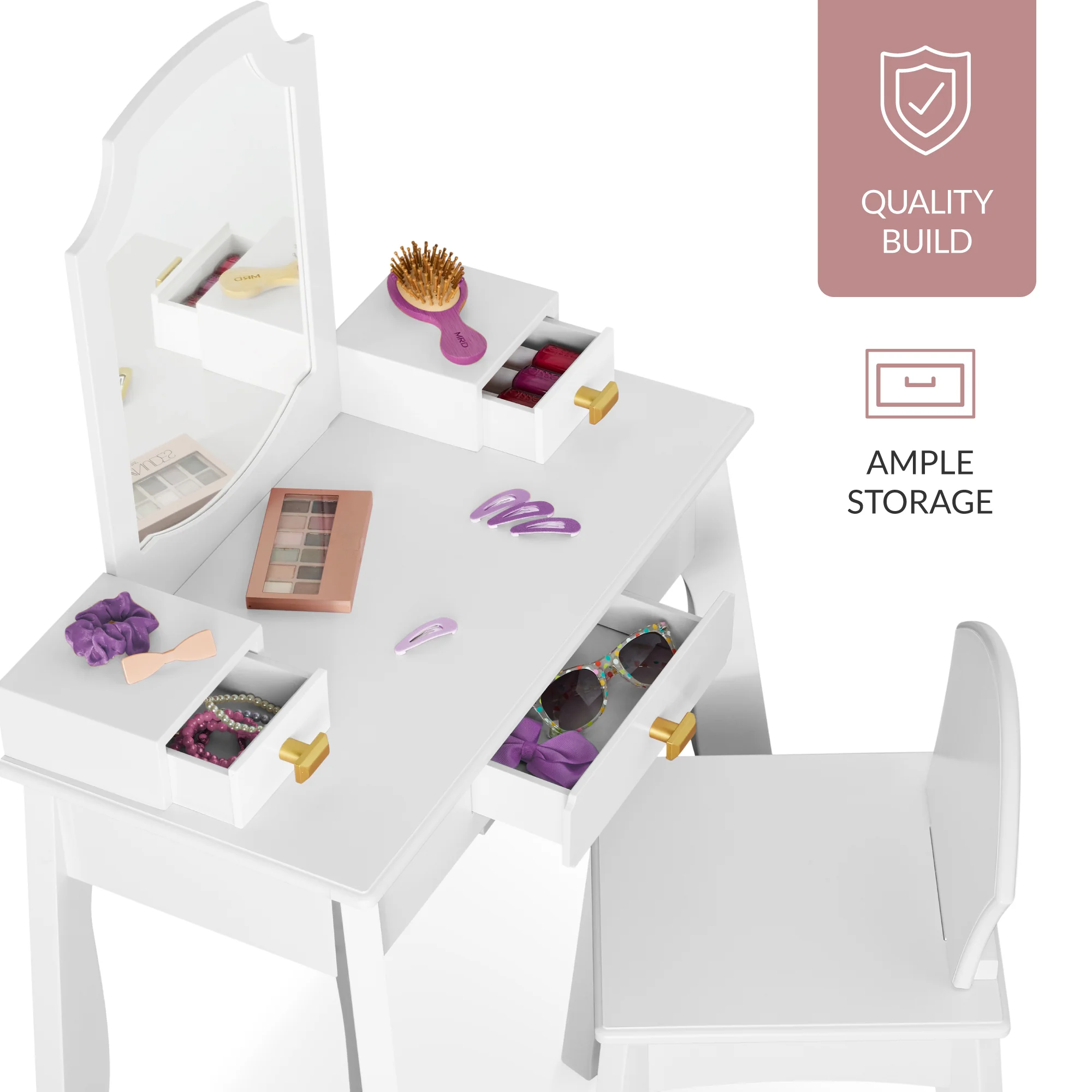 Kids Wooden Pretend Play Vanity and Chair Set w/ Mirror - Image 14