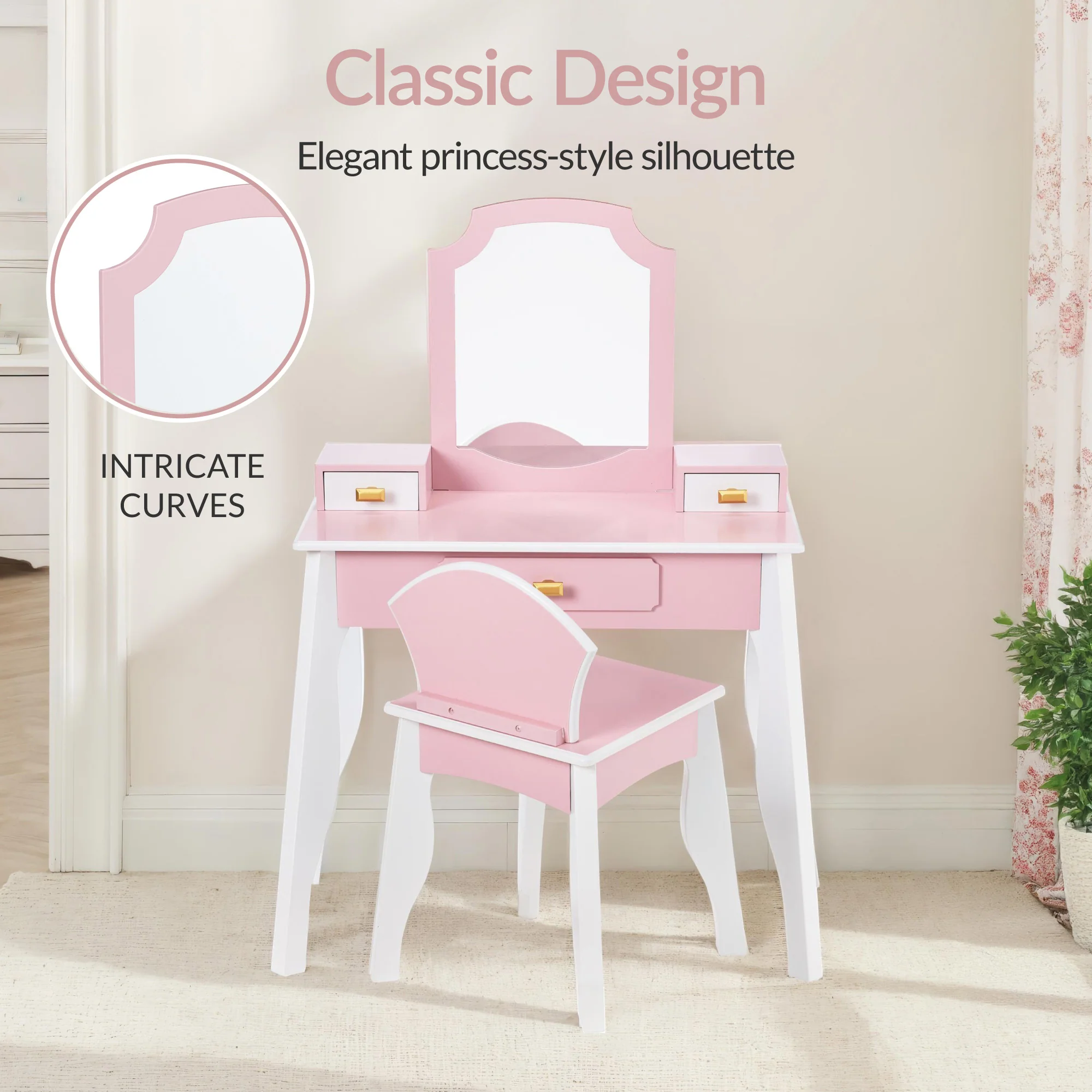 Kids Wooden Pretend Play Vanity and Chair Set w/ Mirror - Image 3