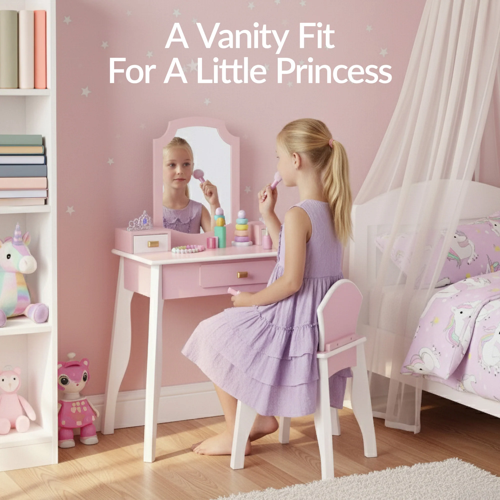 Kids Wooden Pretend Play Vanity and Chair Set w/ Mirror - Image 4