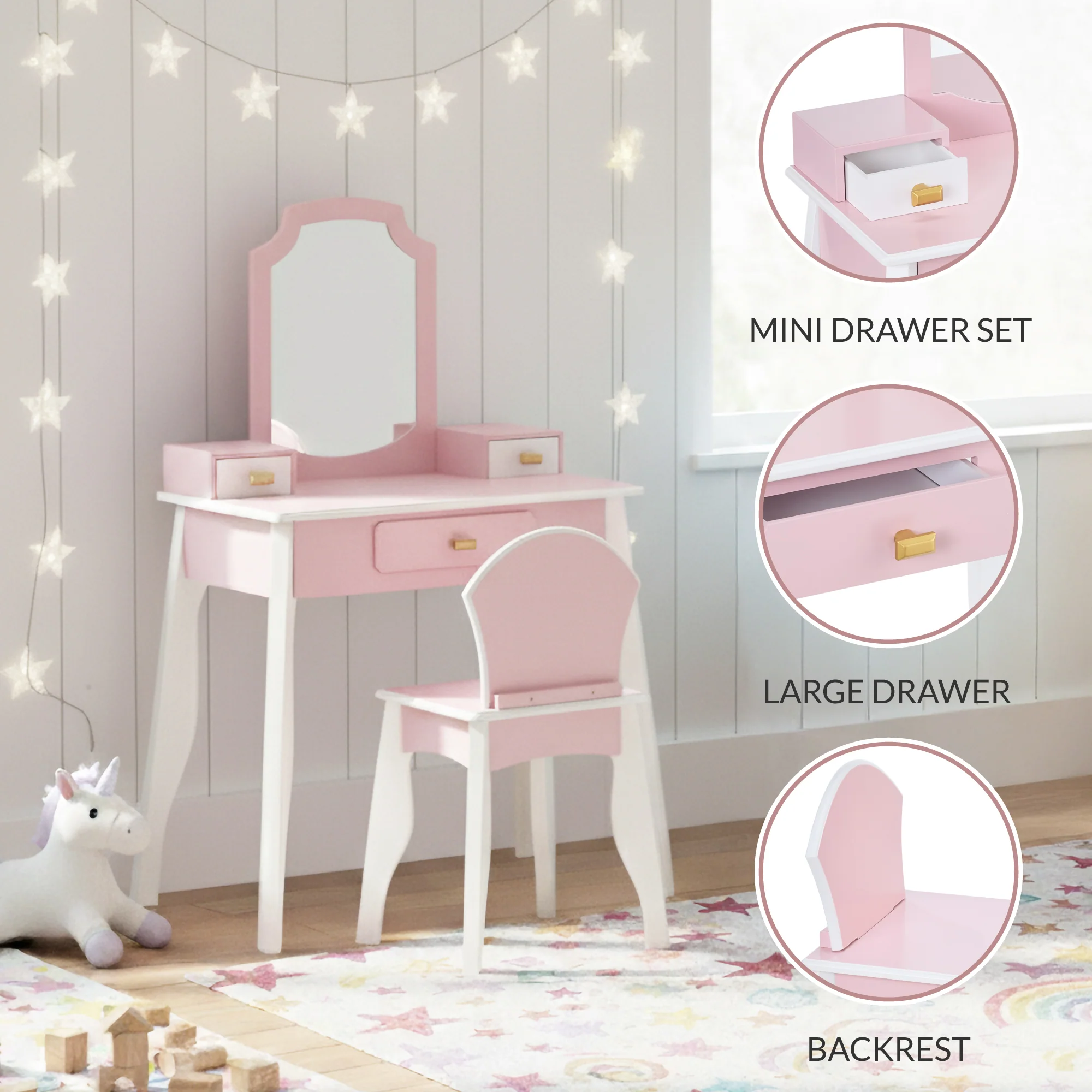 Kids Wooden Pretend Play Vanity and Chair Set w/ Mirror - Image 5