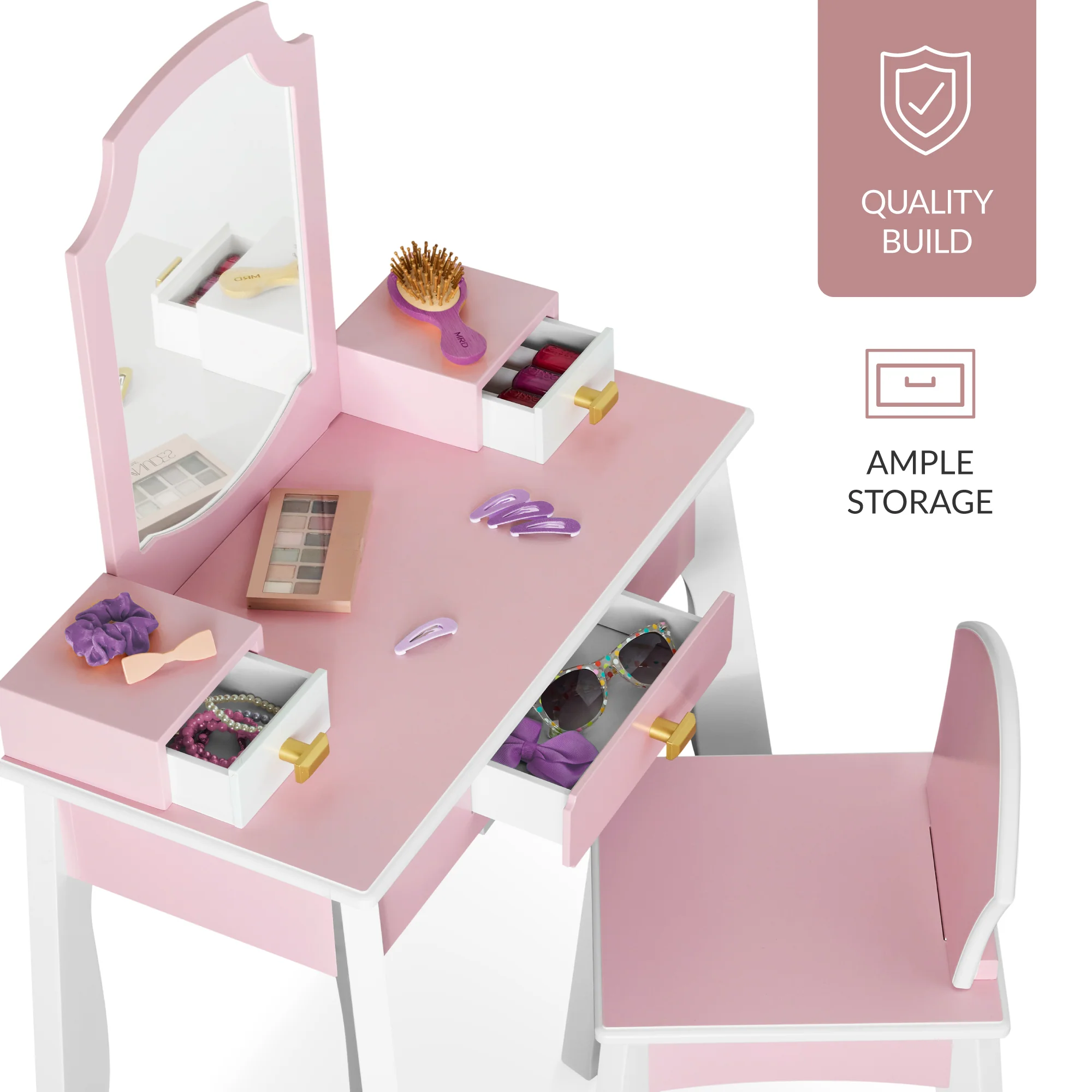 Kids Wooden Pretend Play Vanity and Chair Set w/ Mirror - Image 6