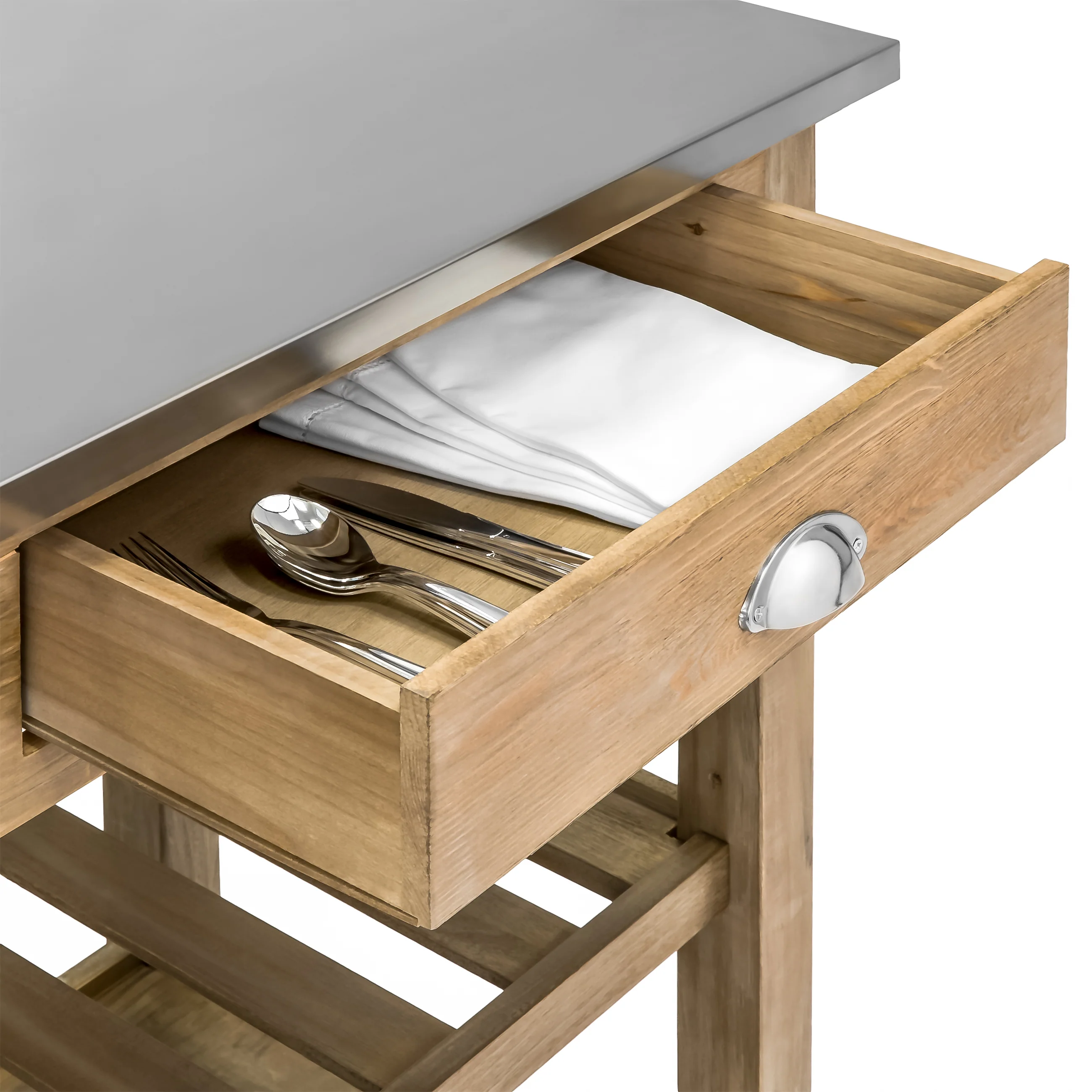 Kitchen Island Storage & Bar Cart w/ Stainless Steel Top - Rustic Wood - Image 4