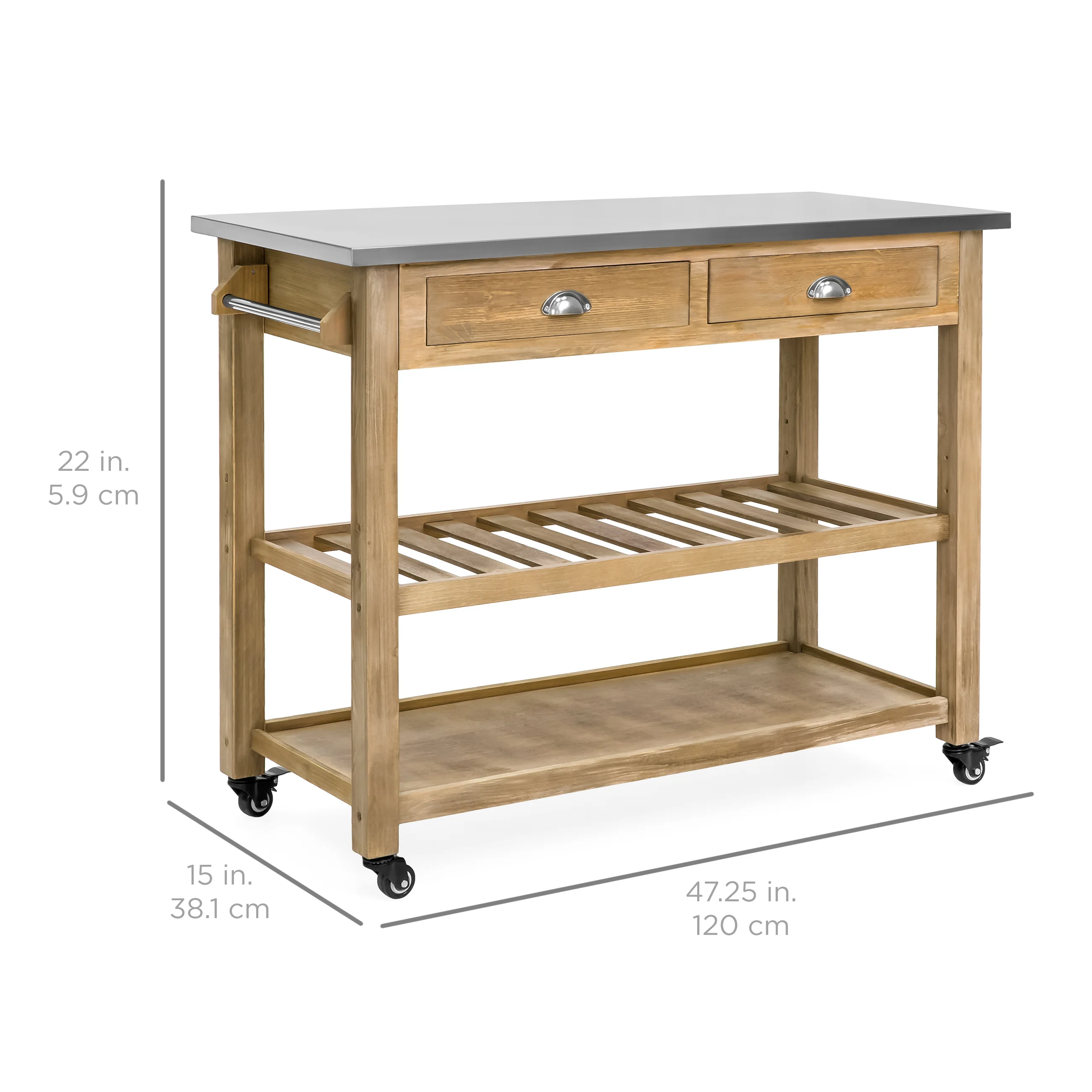 Kitchen Island Storage & Bar Cart w/ Stainless Steel Top - Rustic Wood - Image 6