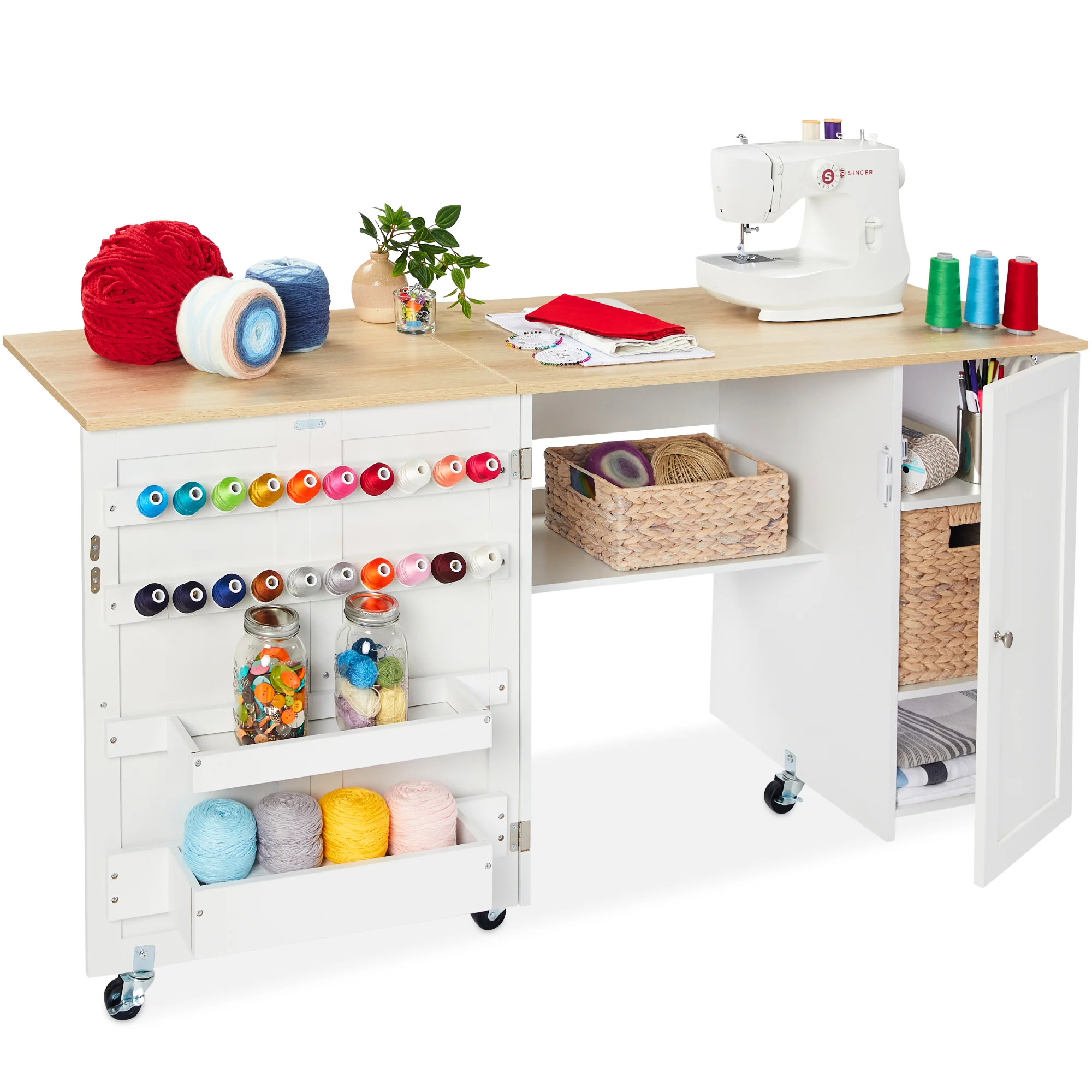 Large Portable Folding Sewing Table Multipurpose Craft Station w/ Wheels - Image 43