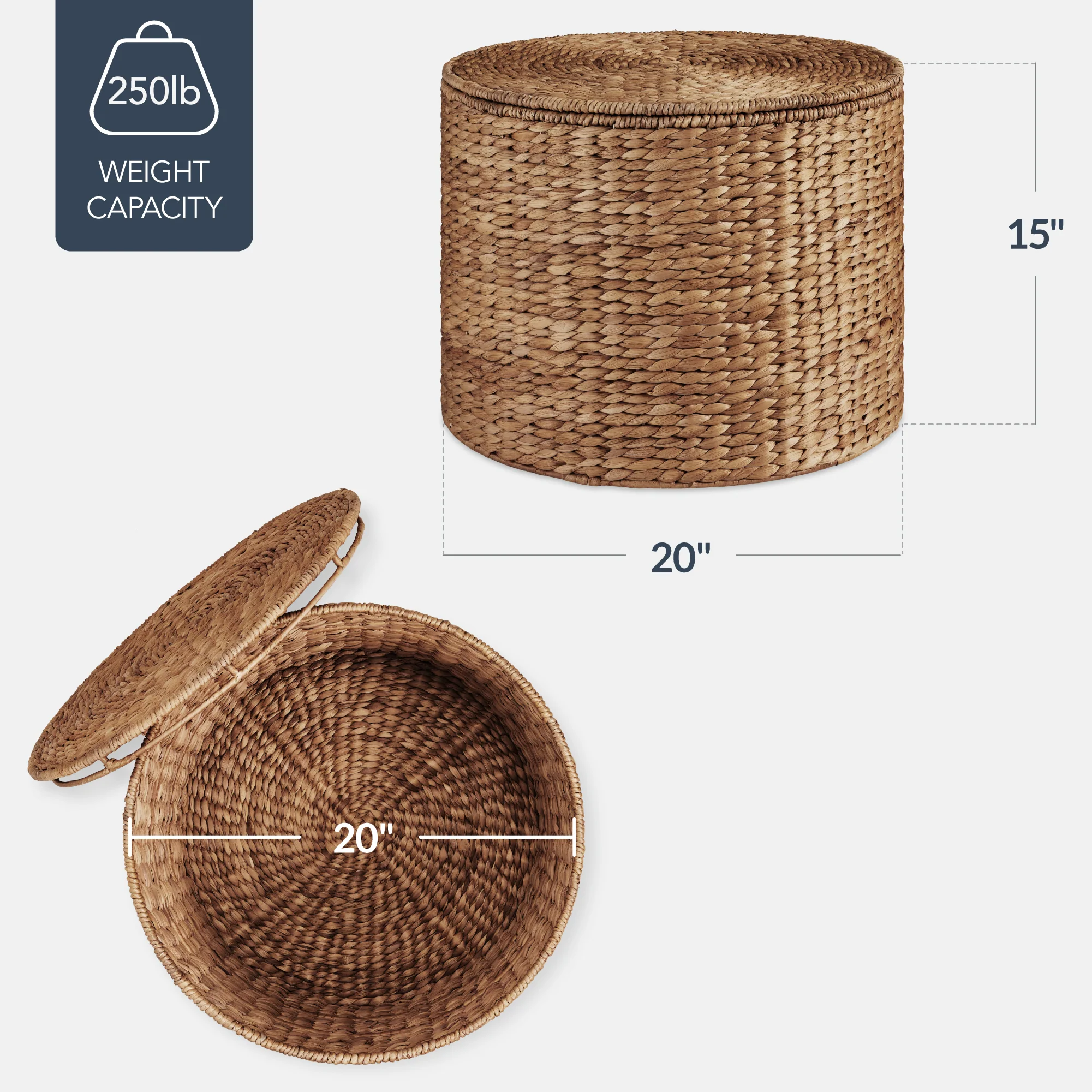 Large Round Storage Ottoman W/ Lid, Handwoven Water Hyacinth Footstool - Image 2