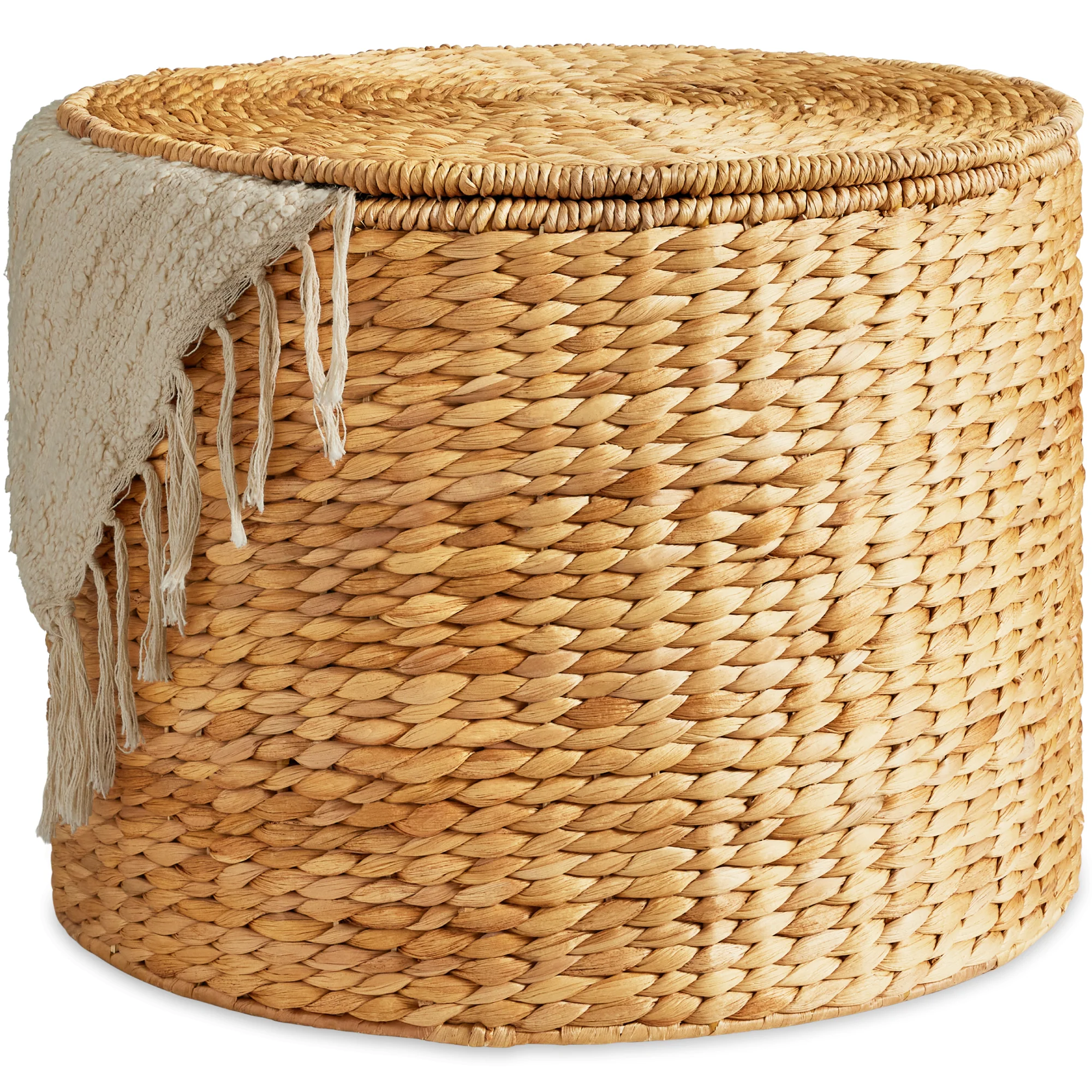 Large Round Storage Ottoman W/ Lid, Handwoven Water Hyacinth Footstool - Image 9