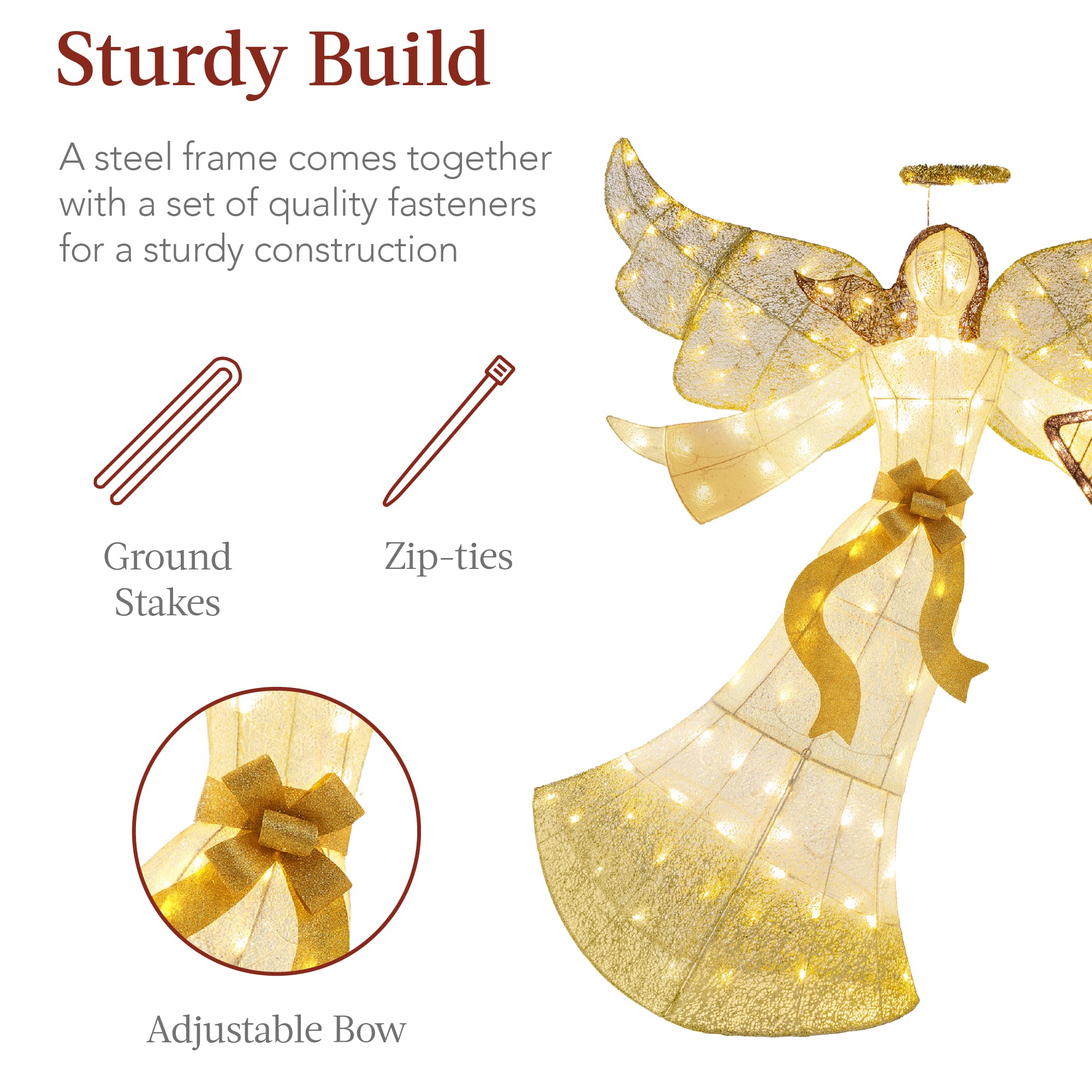 Lighted Outdoor Angel Christmas Decoration w/ 140 Lights, Harp, Stakes - 5ft - Image 4