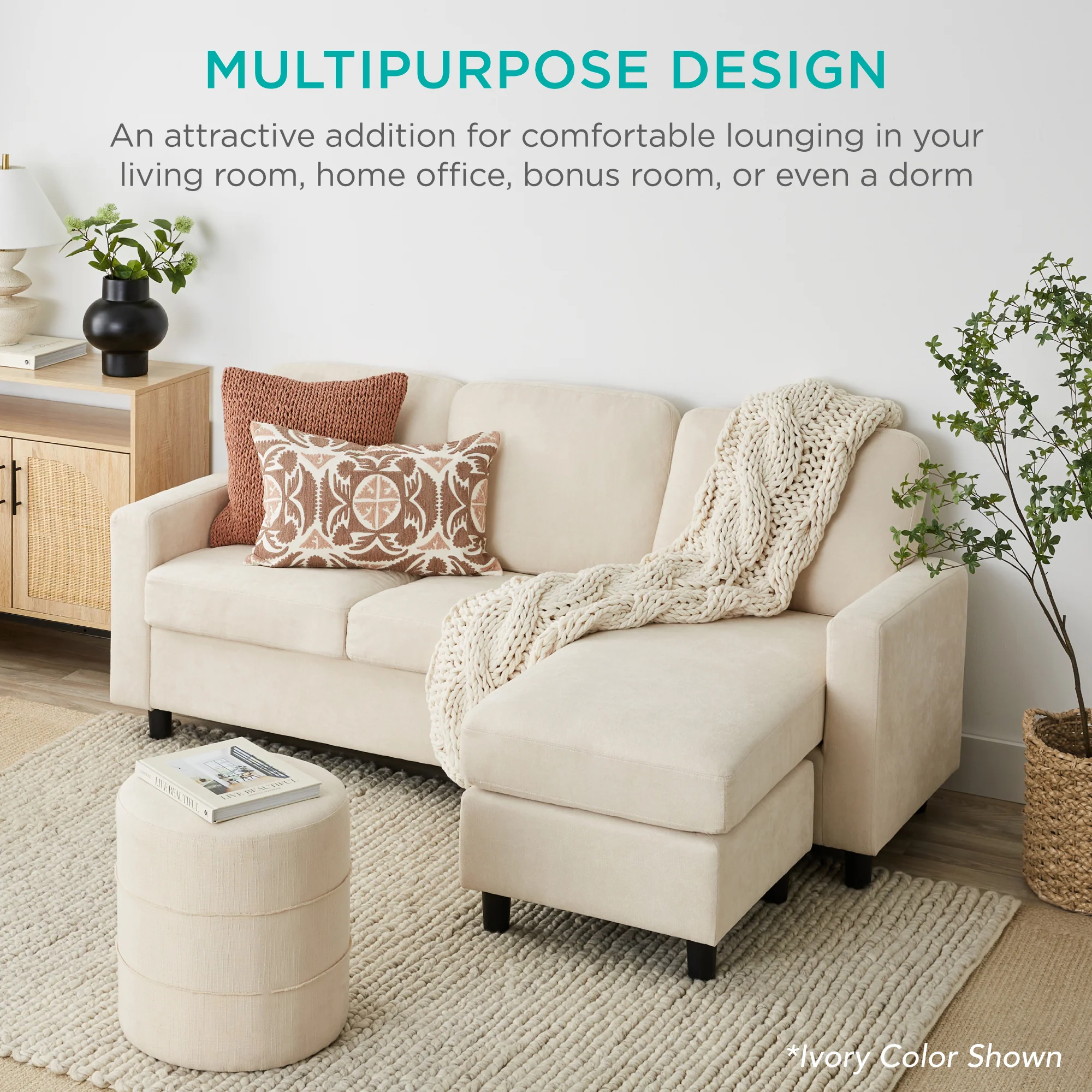 Upholstered Sectional Sofa Couch w/ Chaise Lounge, Reversible Ottoman Bench - Image 17