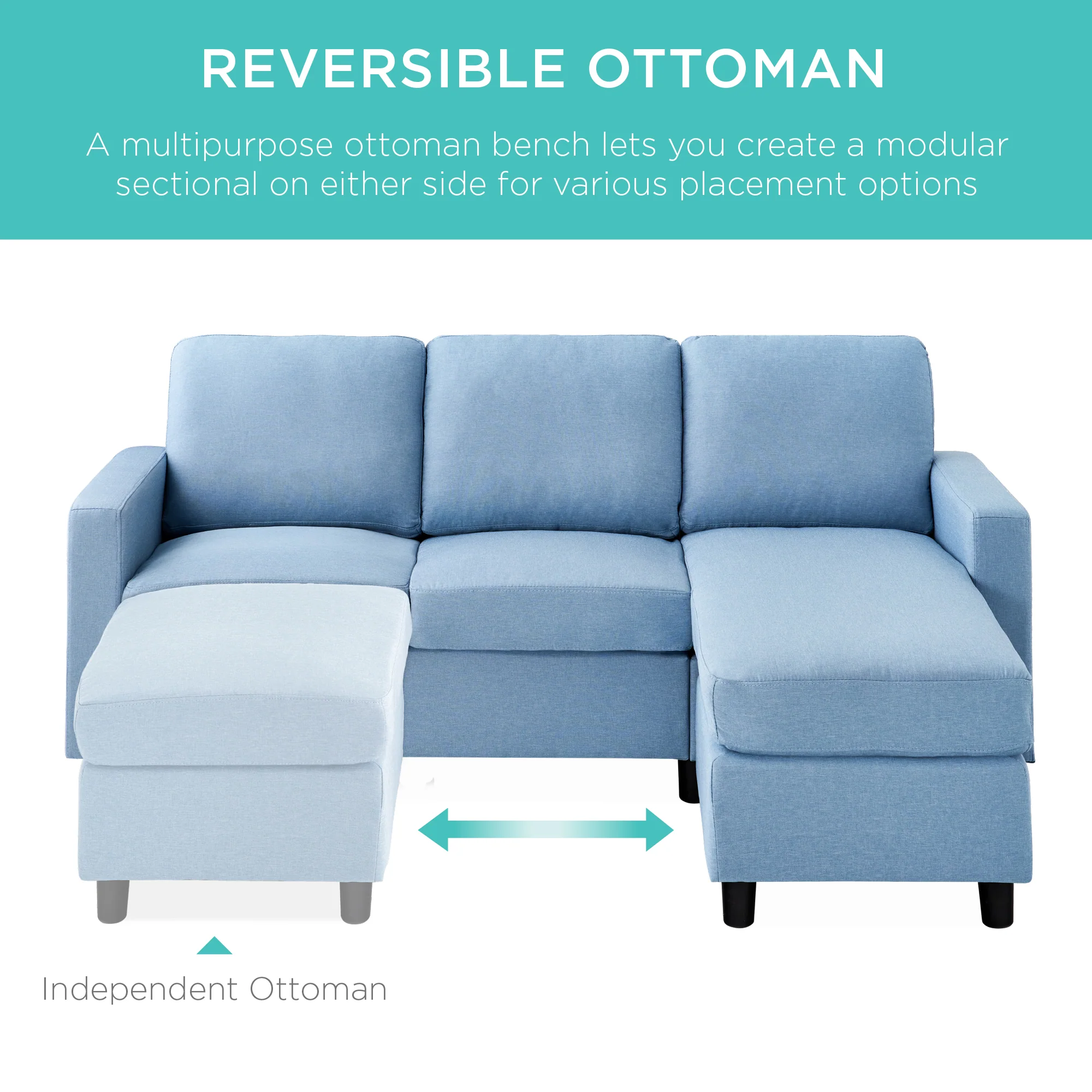 Upholstered Sectional Sofa Couch w/ Chaise Lounge, Reversible Ottoman Bench - Image 2