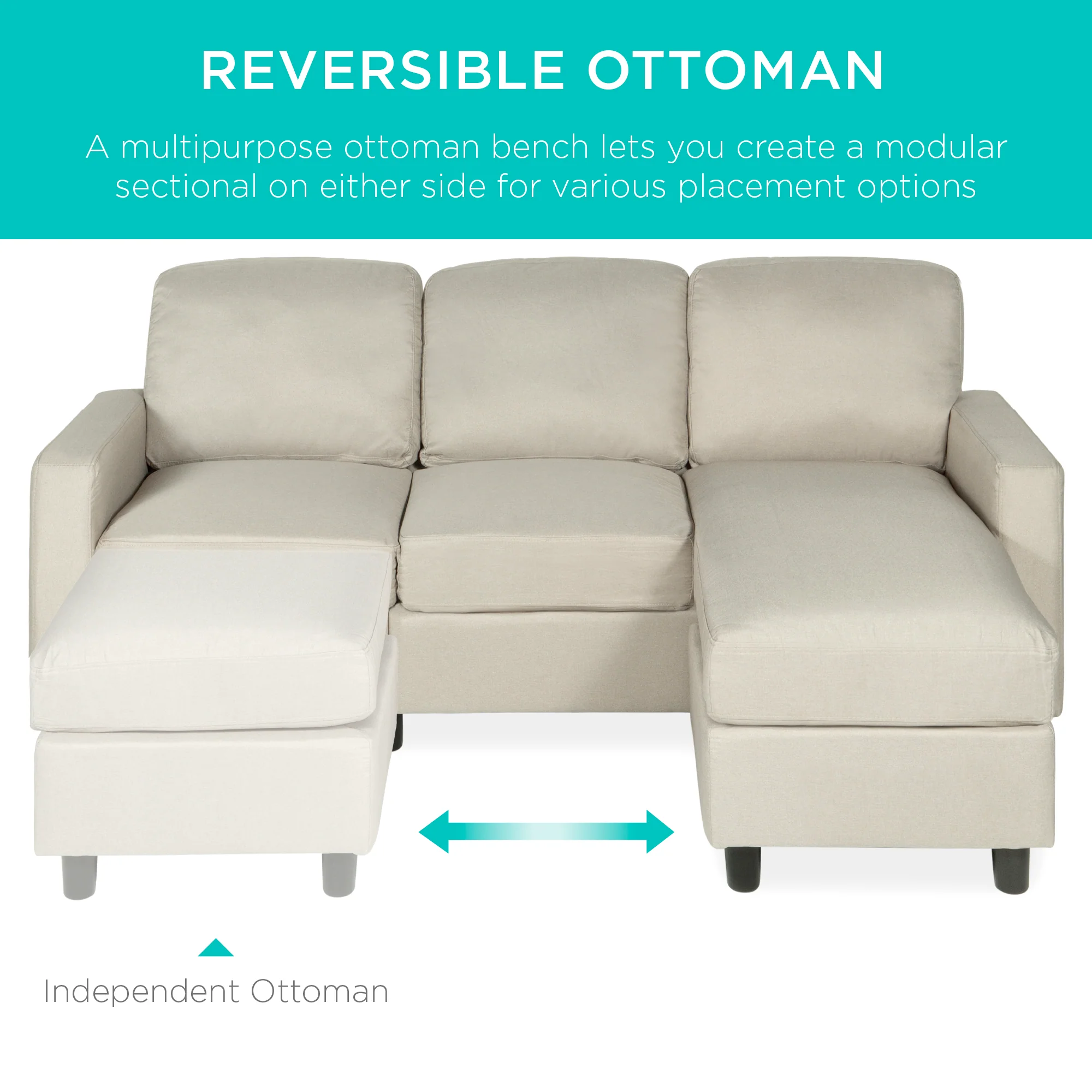 Upholstered Sectional Sofa Couch w/ Chaise Lounge, Reversible Ottoman Bench - Image 23