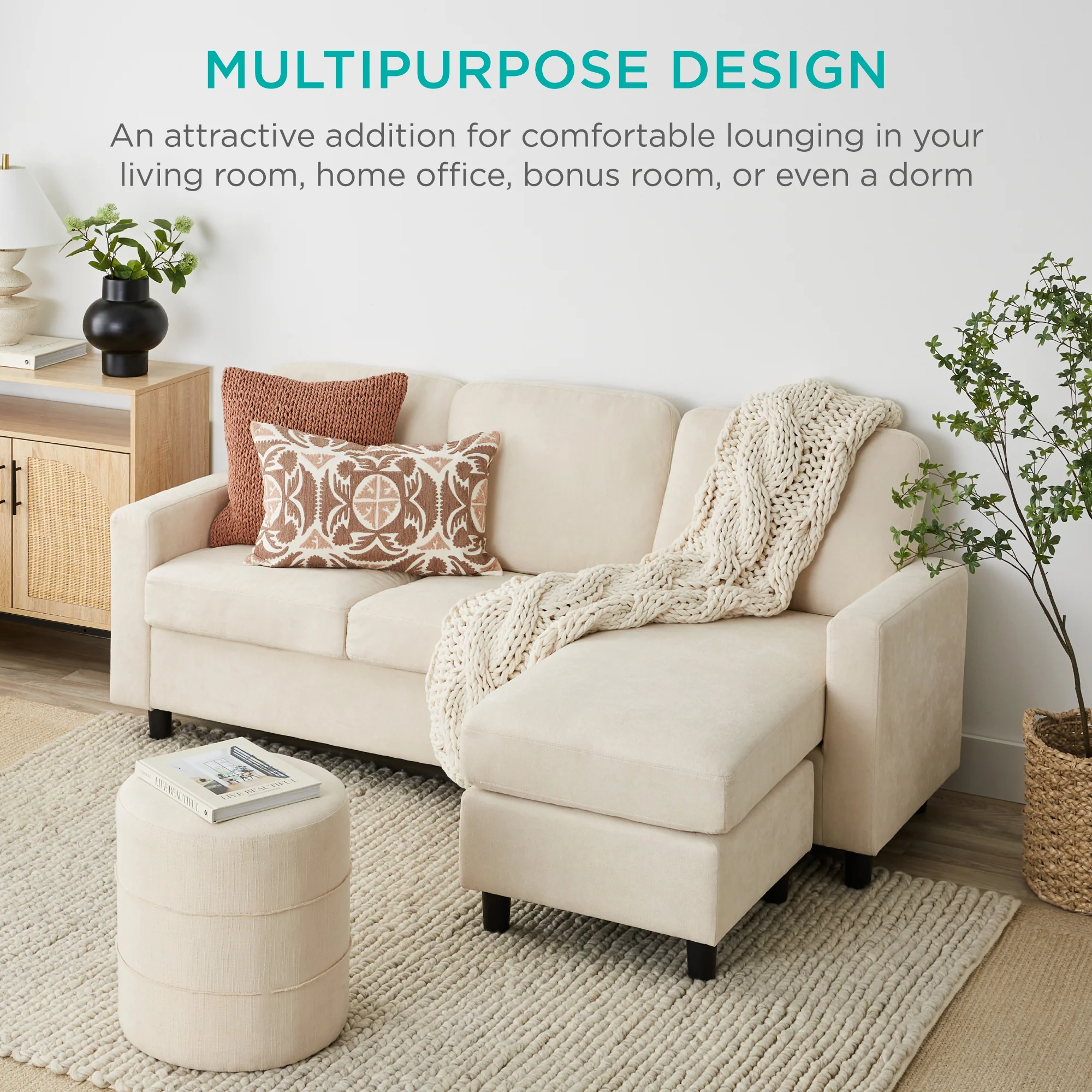 Upholstered Sectional Sofa Couch w/ Chaise Lounge, Reversible Ottoman Bench - Image 52